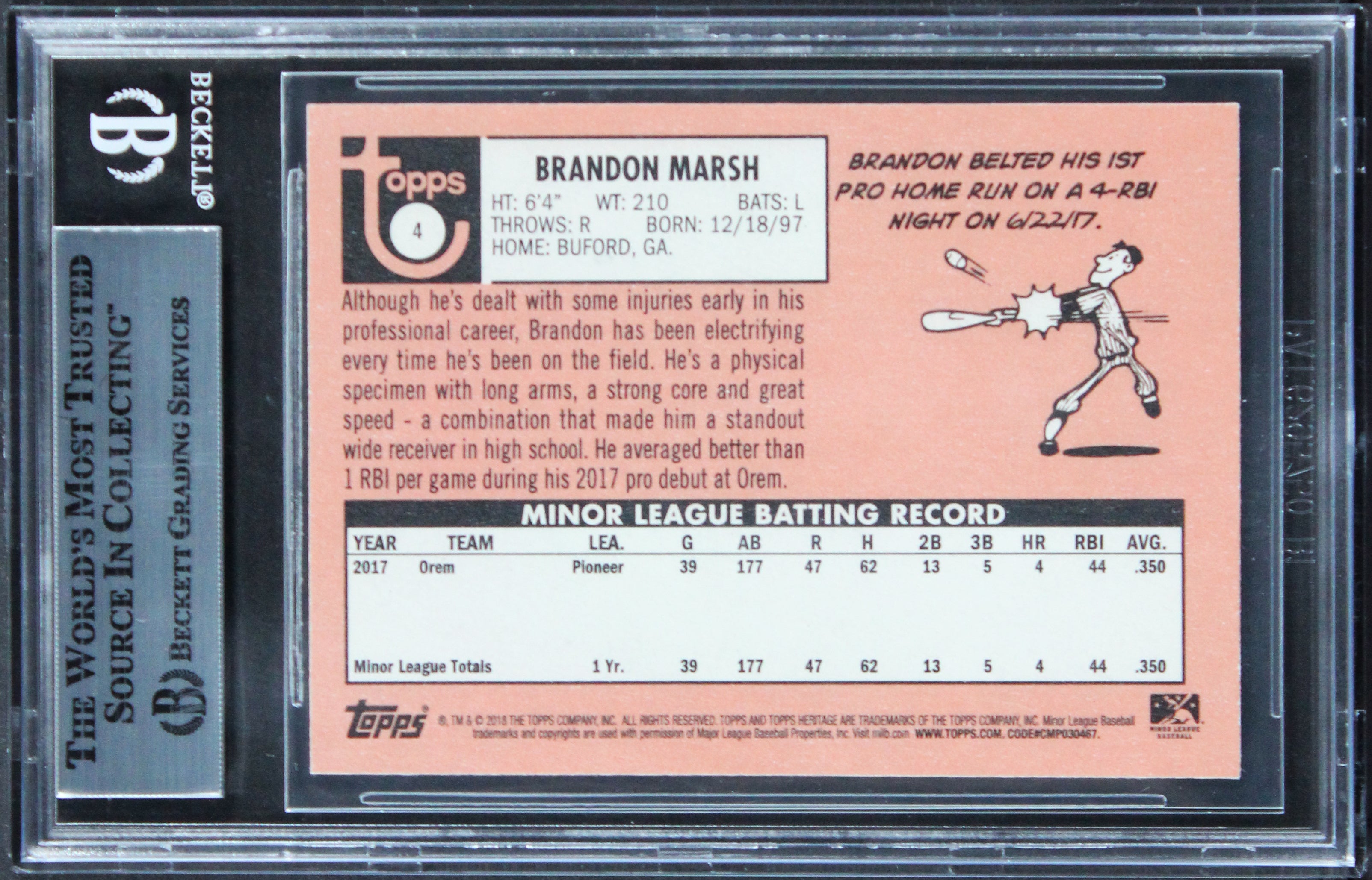 Pirates Brandon Marsh Signed 2018 Topps Heritage Minors #4 Rookie Card BAS Slab