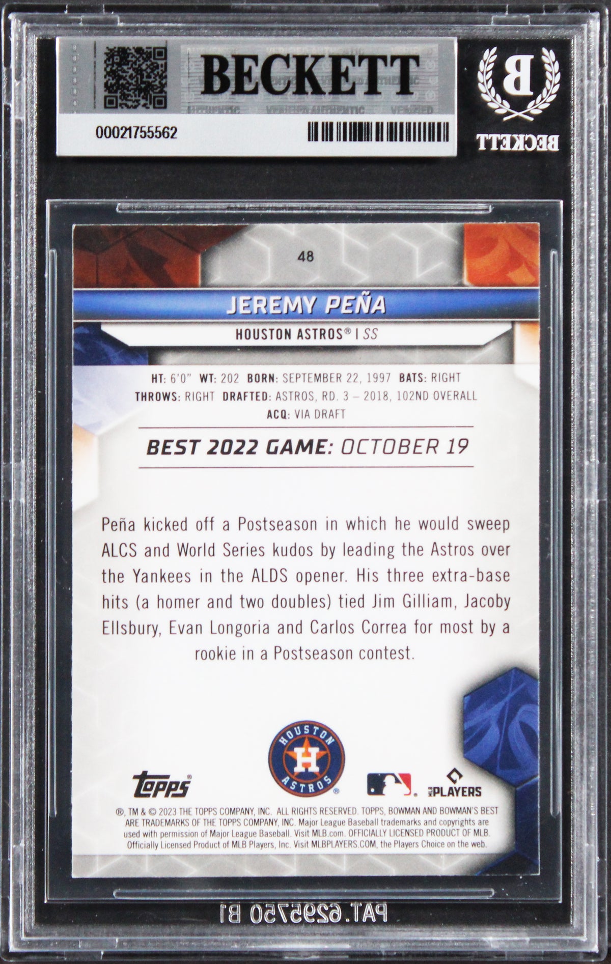 Astros Jeremy Pena Signed 2023 Bowman's Best #48 Card Auto Grade 10! BAS Slabbed