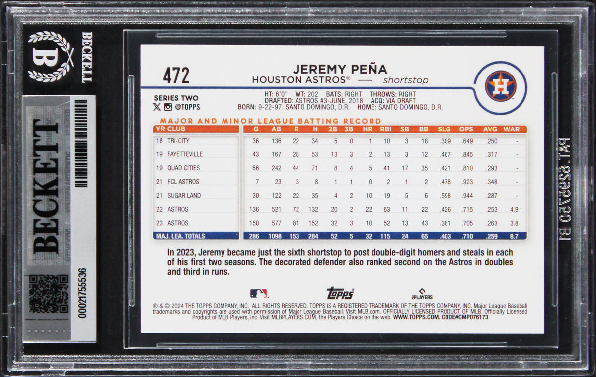 Astros Jeremy Pena Signed 2024 Topps #472 Card Auto Grade GM 10! BAS Slabbed