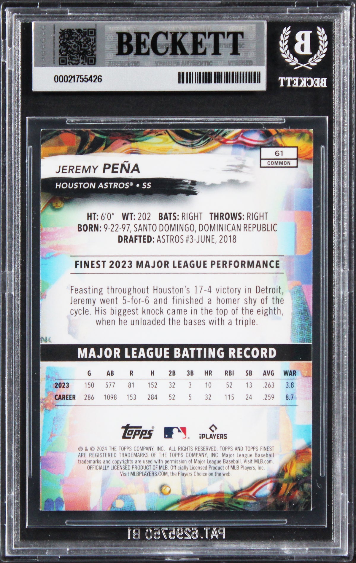 Astros Jeremy Pena Signed 2024 Finest #61 Card Auto Grade GM 10! BAS Slabbed