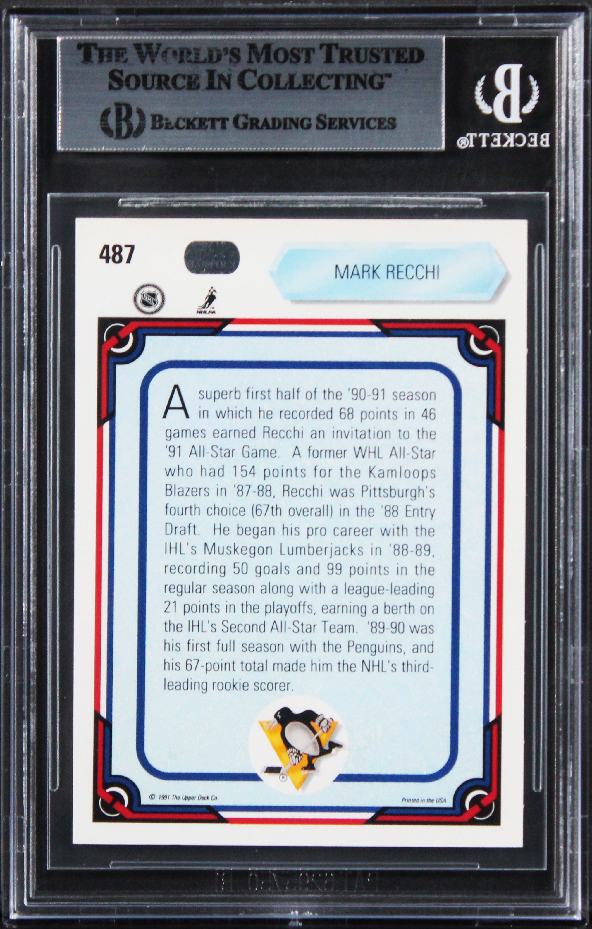 Penguins Mark Recchi Authentic Signed 1990 Upper Deck #487 Card BAS Slabbed