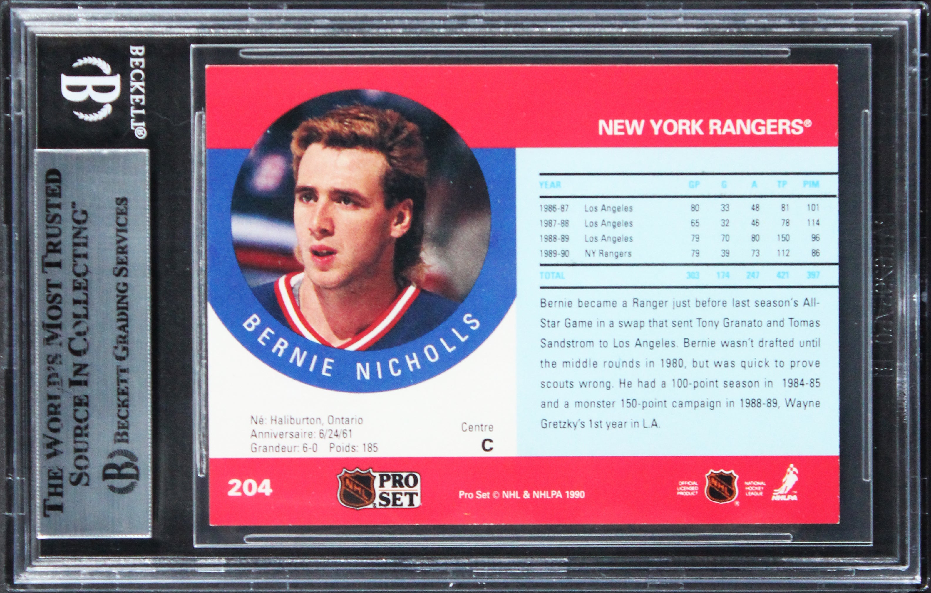 Rangers Bernie Nicholls Authentic Signed 1990 Pro Set #204 Card BAS Slabbed