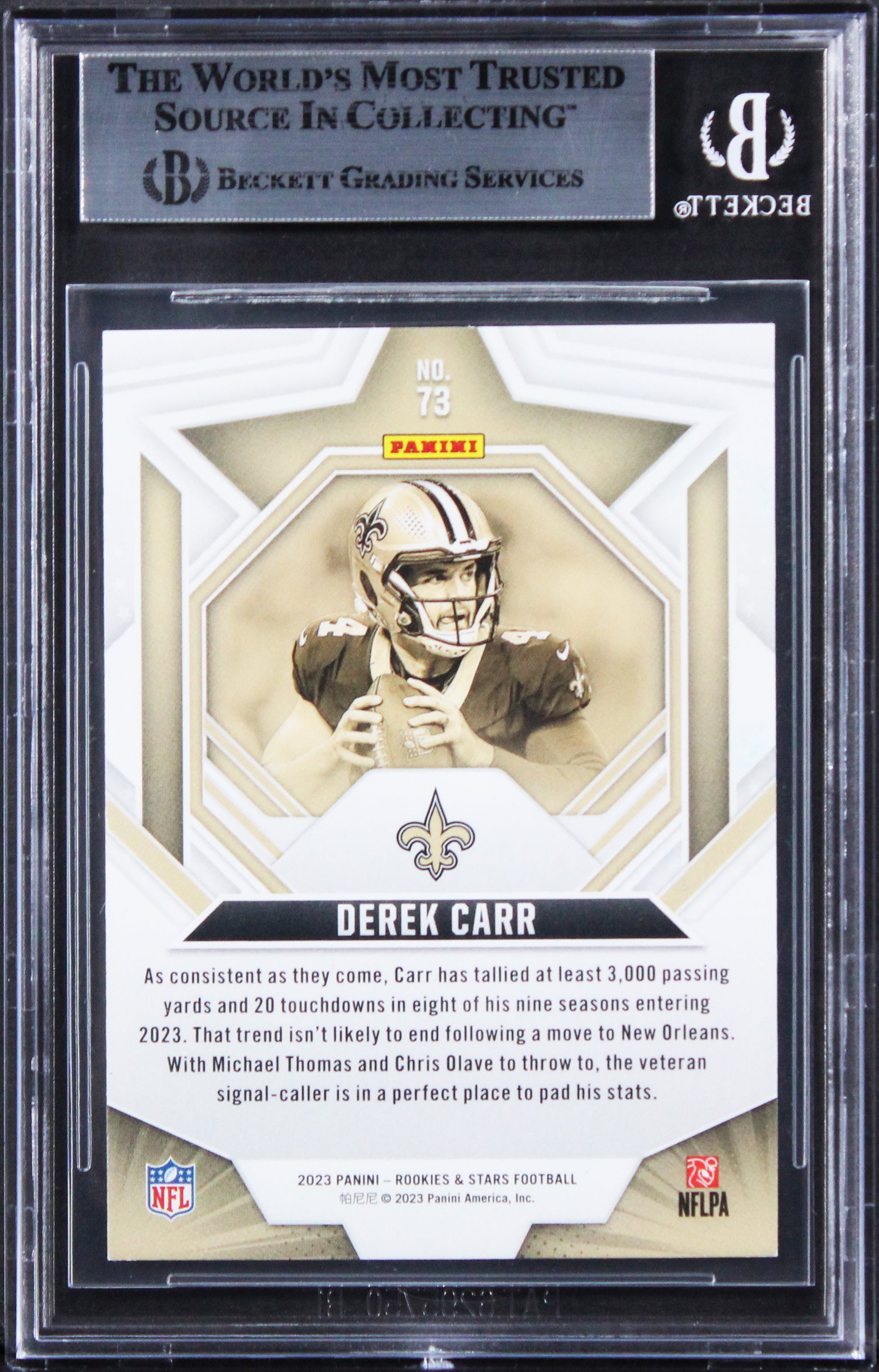 Saints Derek Carr Authentic Signed 2023 Rookies & Stars #73 Card BAS Slabbed