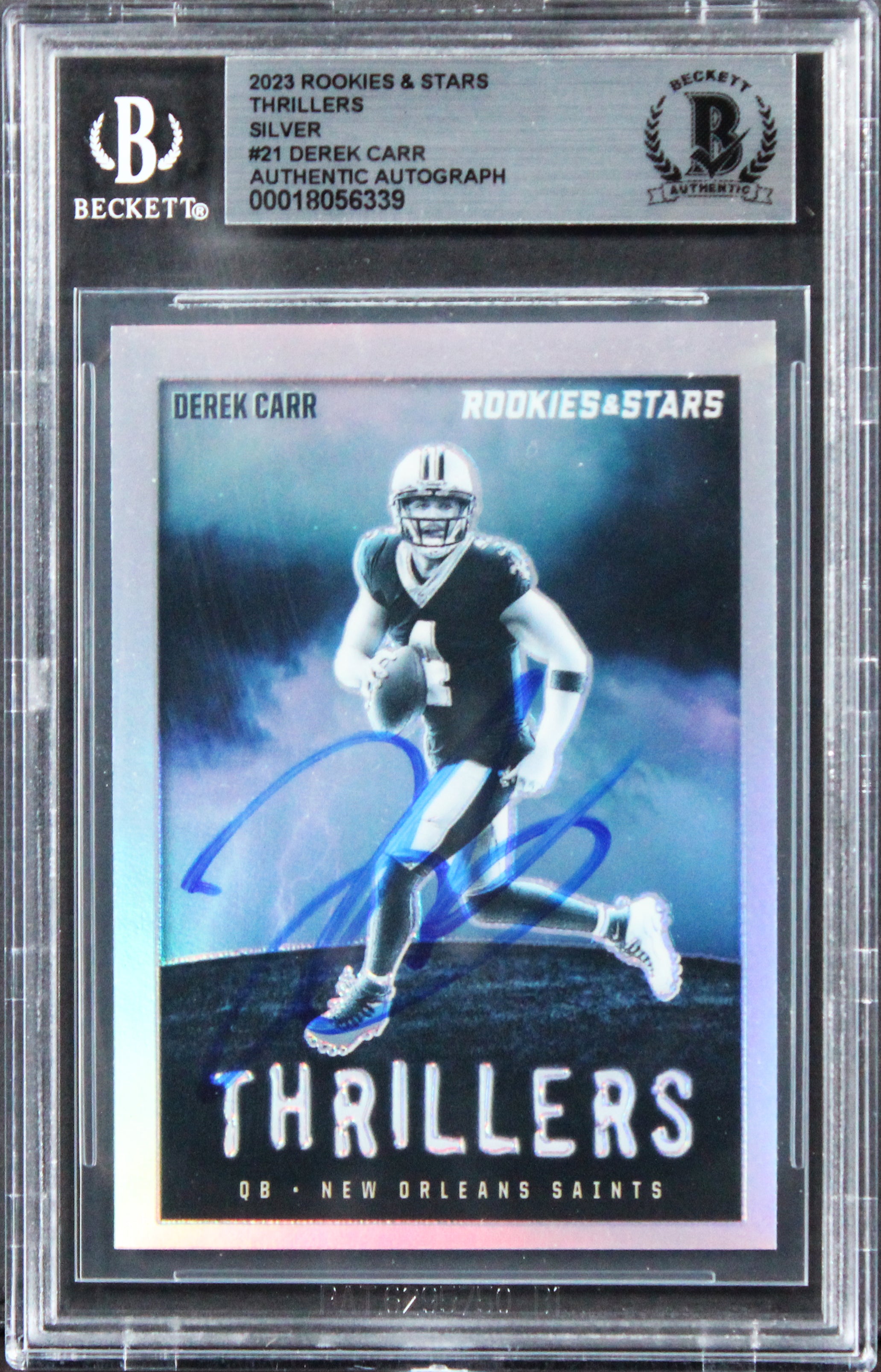 Saints Derek Carr Signed 2023 Rookies & Stars Thrillers Silver #21 Card BAS Slab