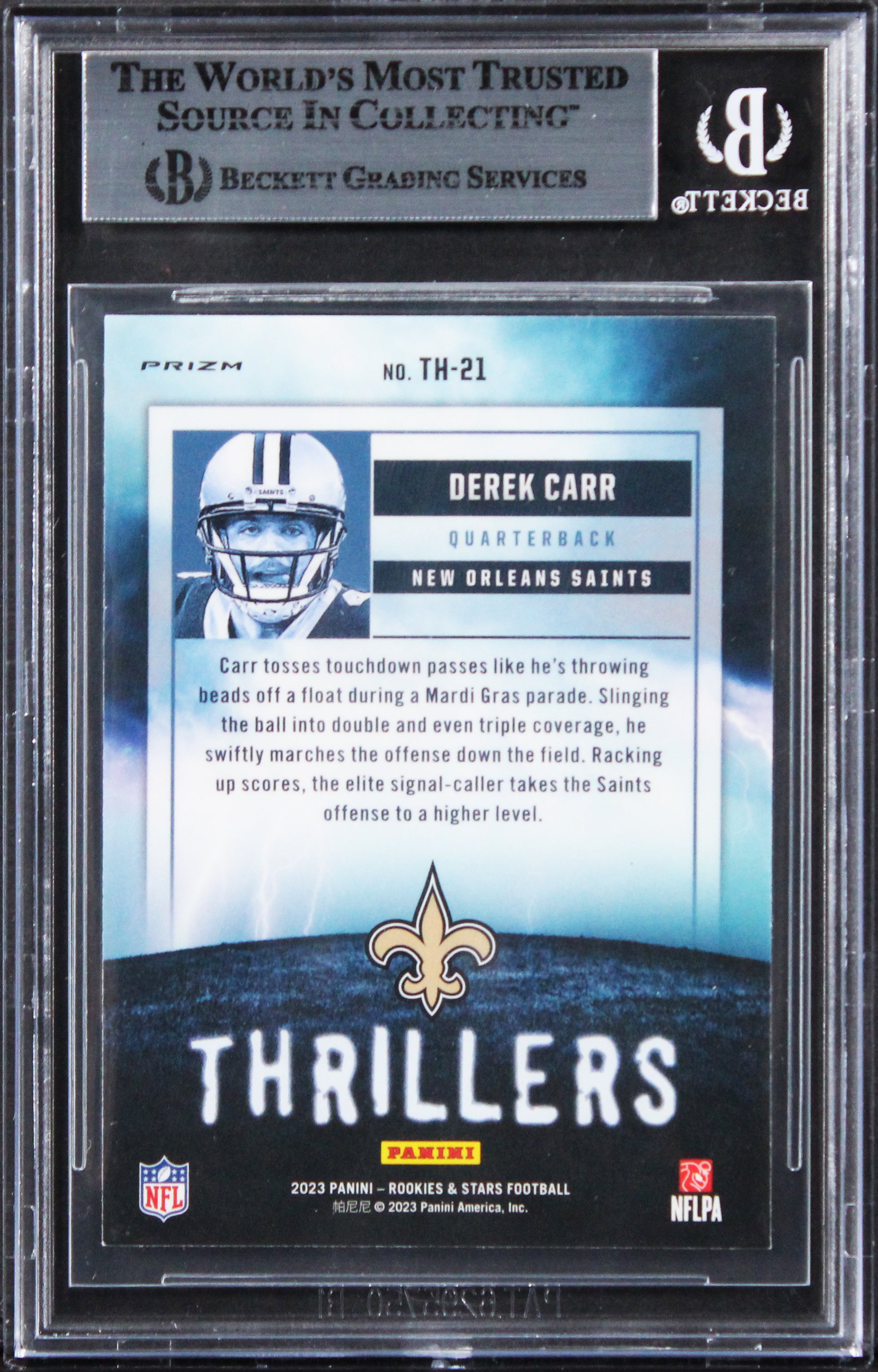 Derek Carr Signed 2023 Rookies & Stars Thrillers Silver #21 Card BAS Slabbed 2