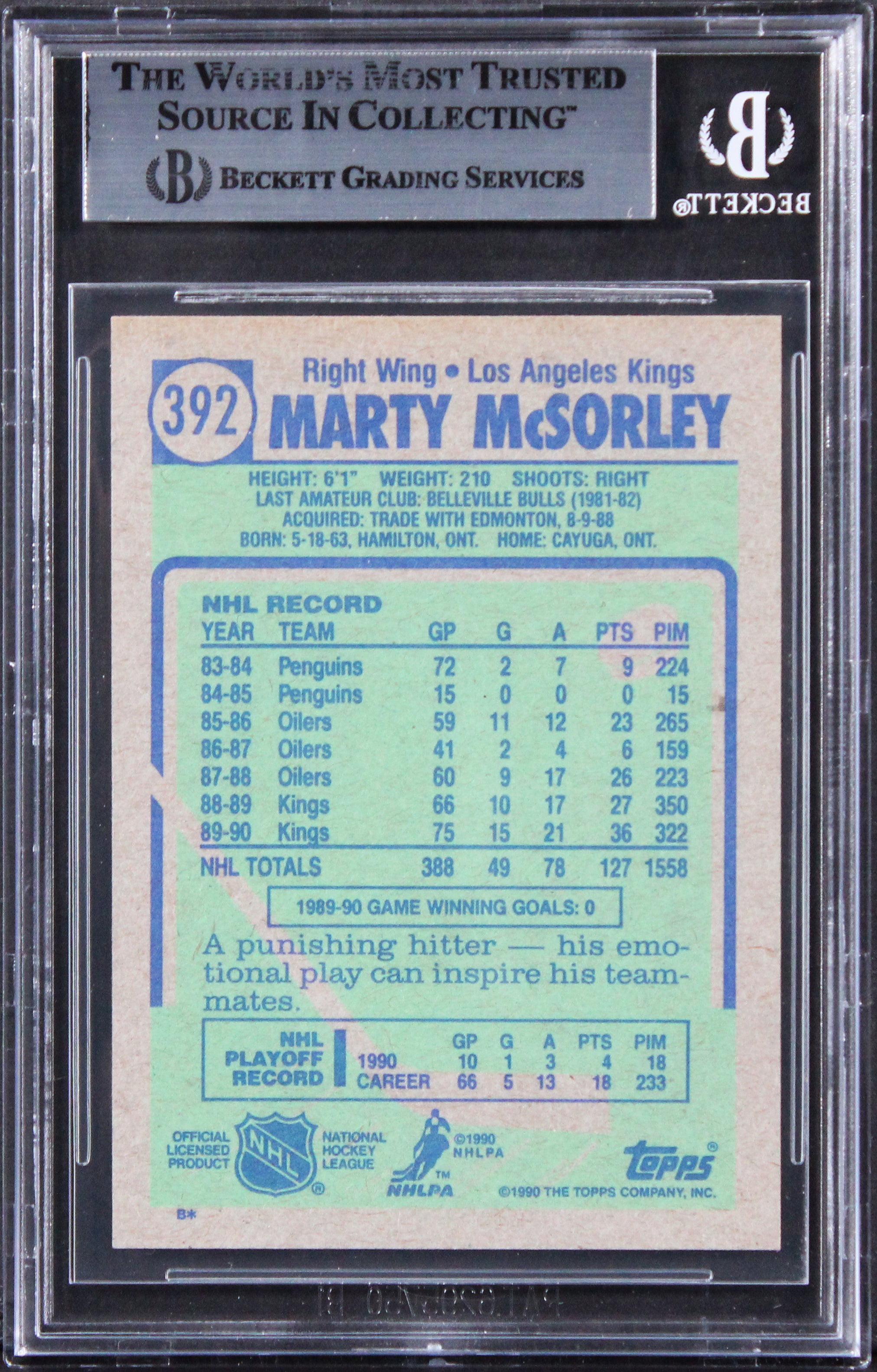 Kings Marty McSorley Authentic Signed 1990 Topps #392 Card BAS Slabbed