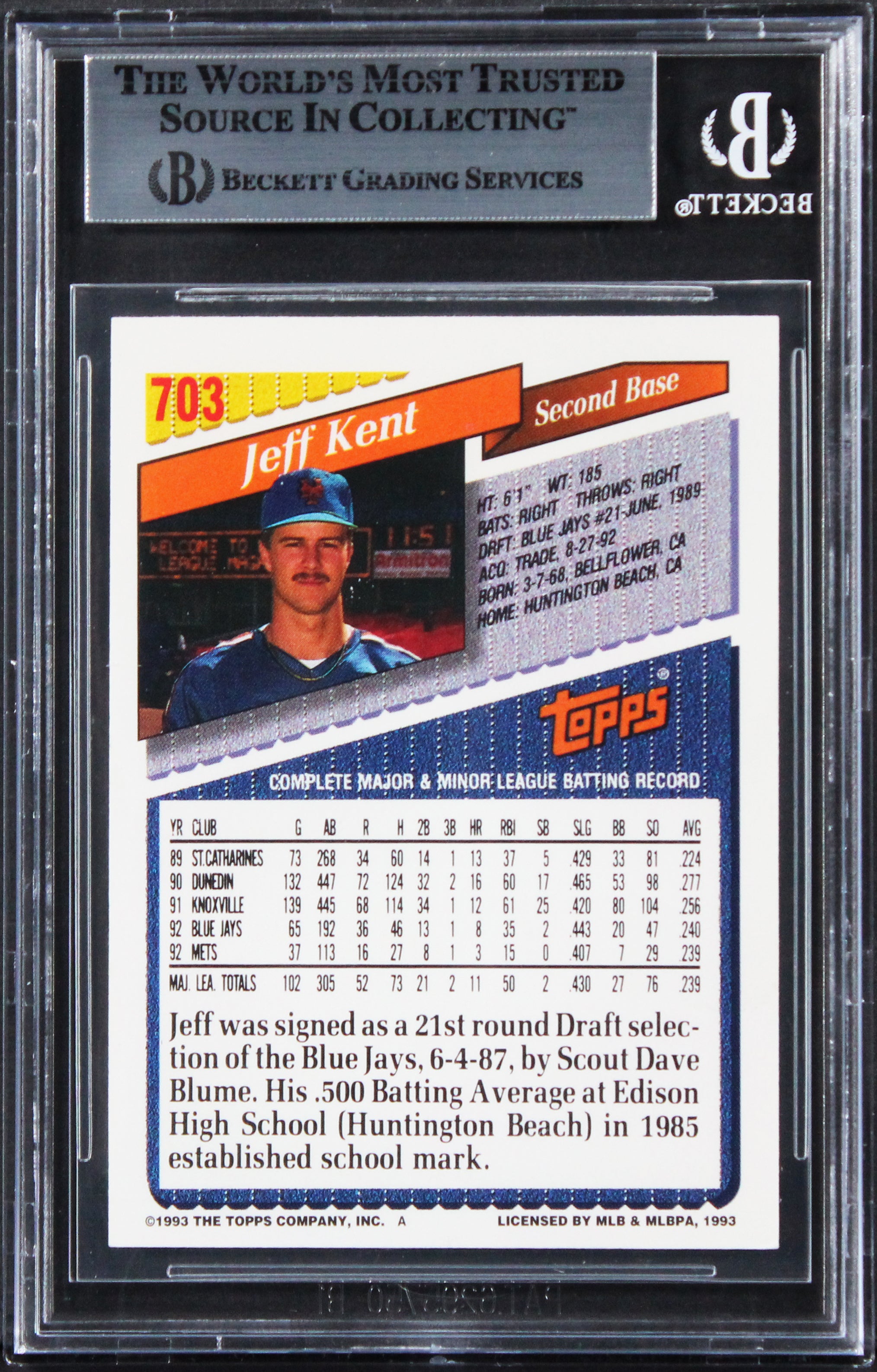 Mets Jeff Kent Authentic Signed 1993 Topps Gold #703 Card BAS Slabbed