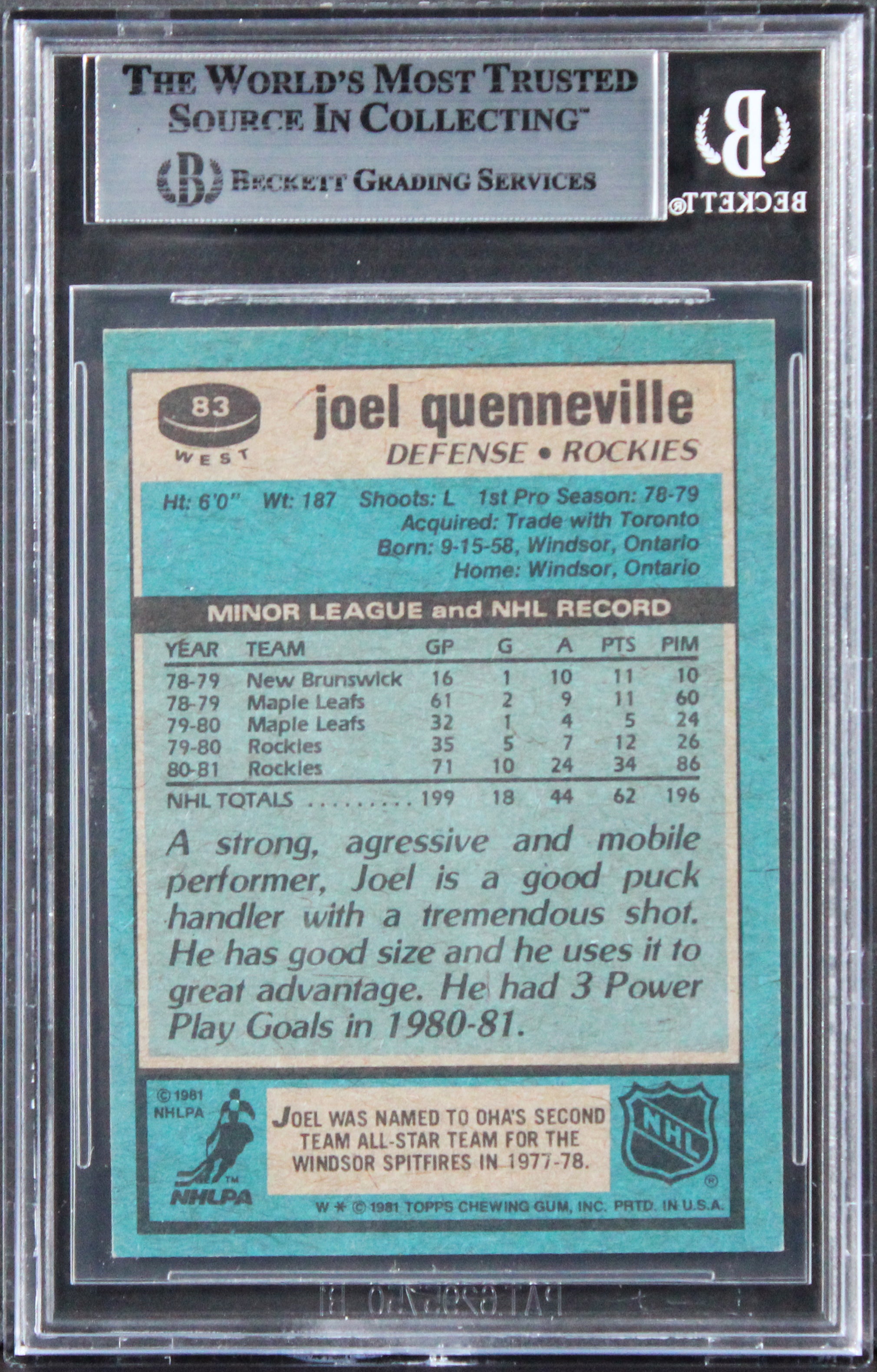 Rockies Joel Quenneville Authentic Signed 1981 Topps #W83 Card BAS Slabbed