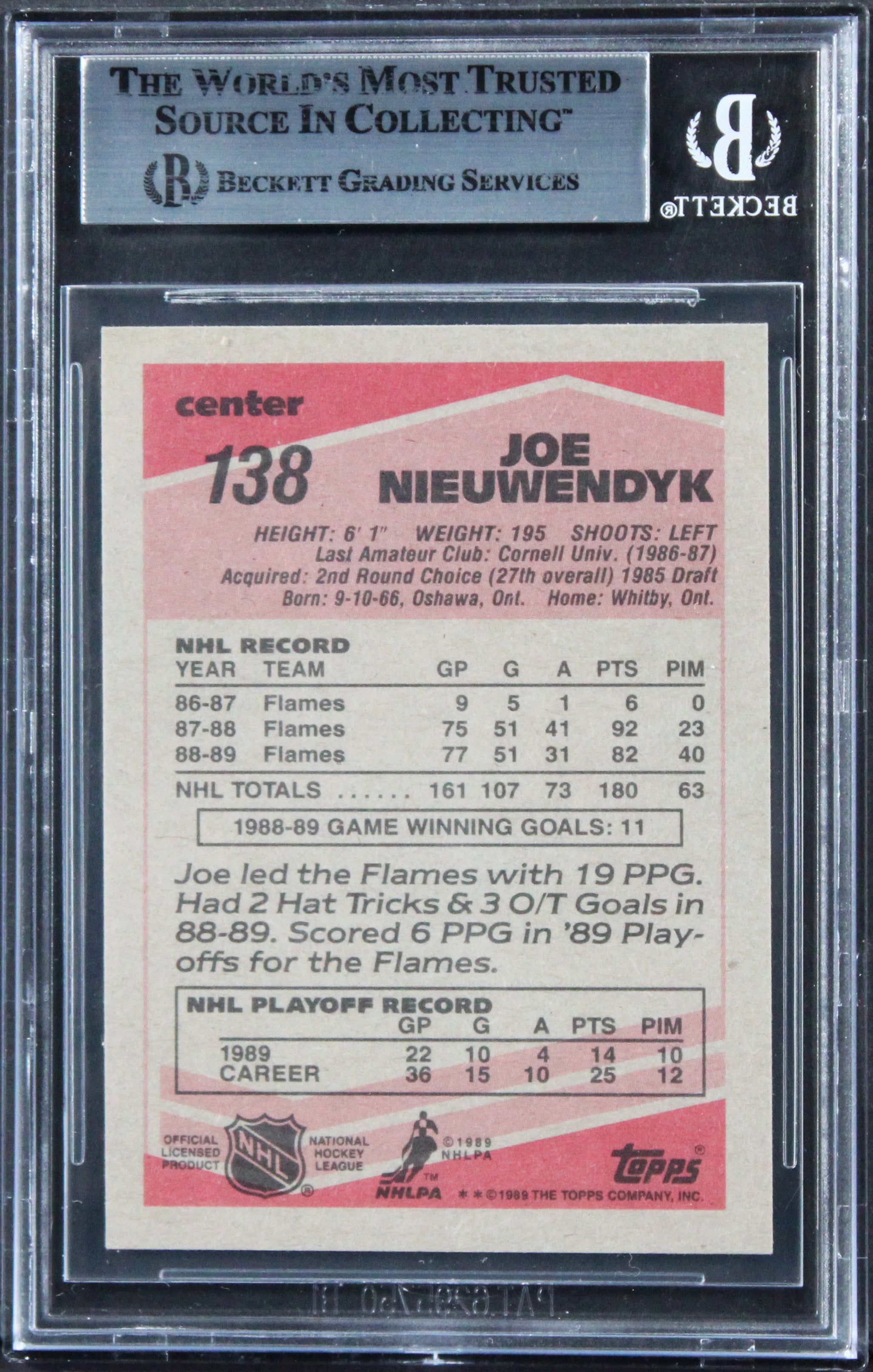 Flames Joe Nieuwendyk Authentic Signed 1989 Topps #138 Card BAS Slabbed