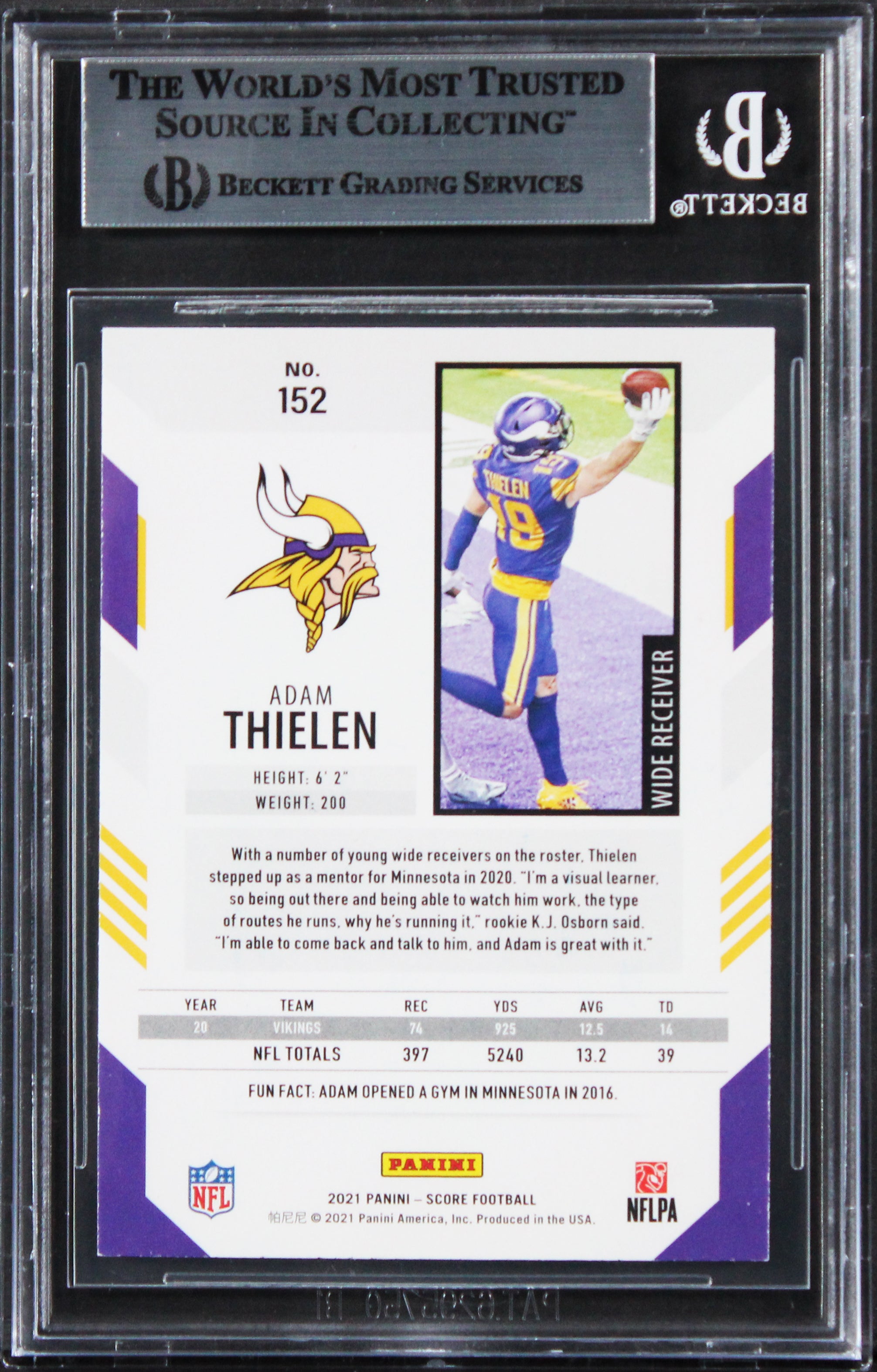 Vikings Adam Thielen Authentic Signed 2021 Score Red #152 Card BAS Slabbed