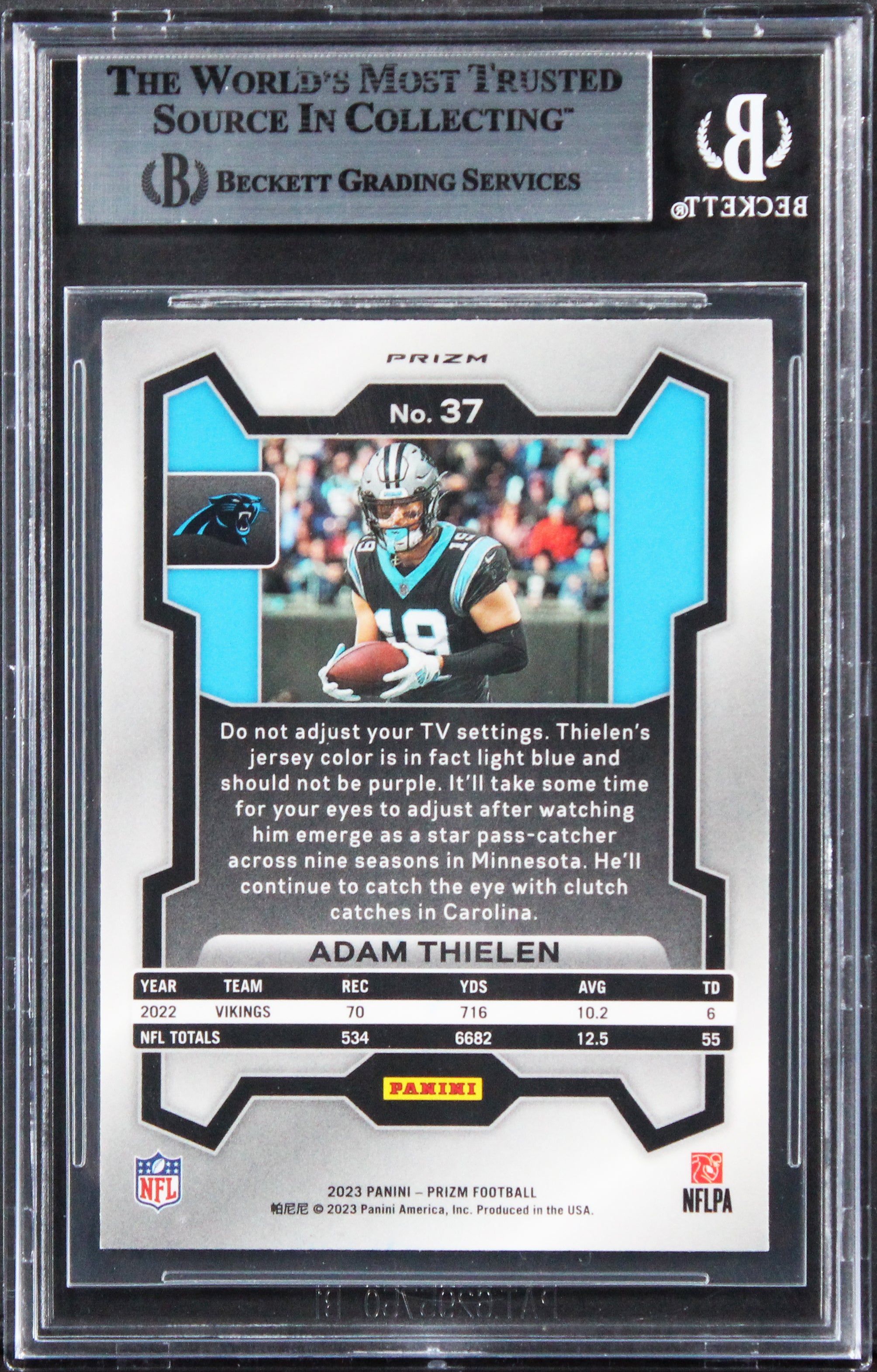 Vikings Adam Thielen Signed 2023 Panini Prizm Green #37 Card BAS Slabbed