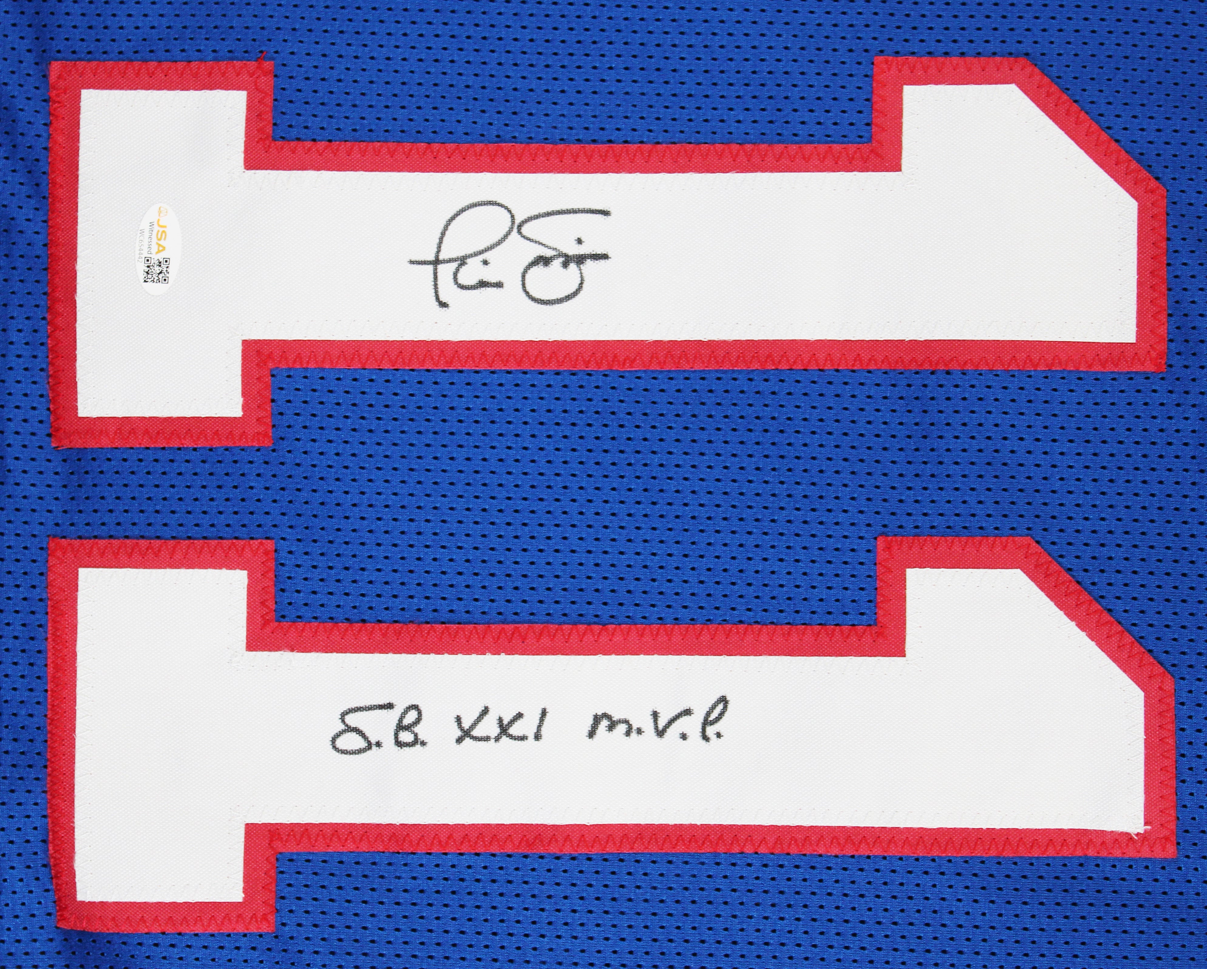 Phil Simms "SB XXI MVP" Signed Blue Pro Style Framed Jersey JSA Witness