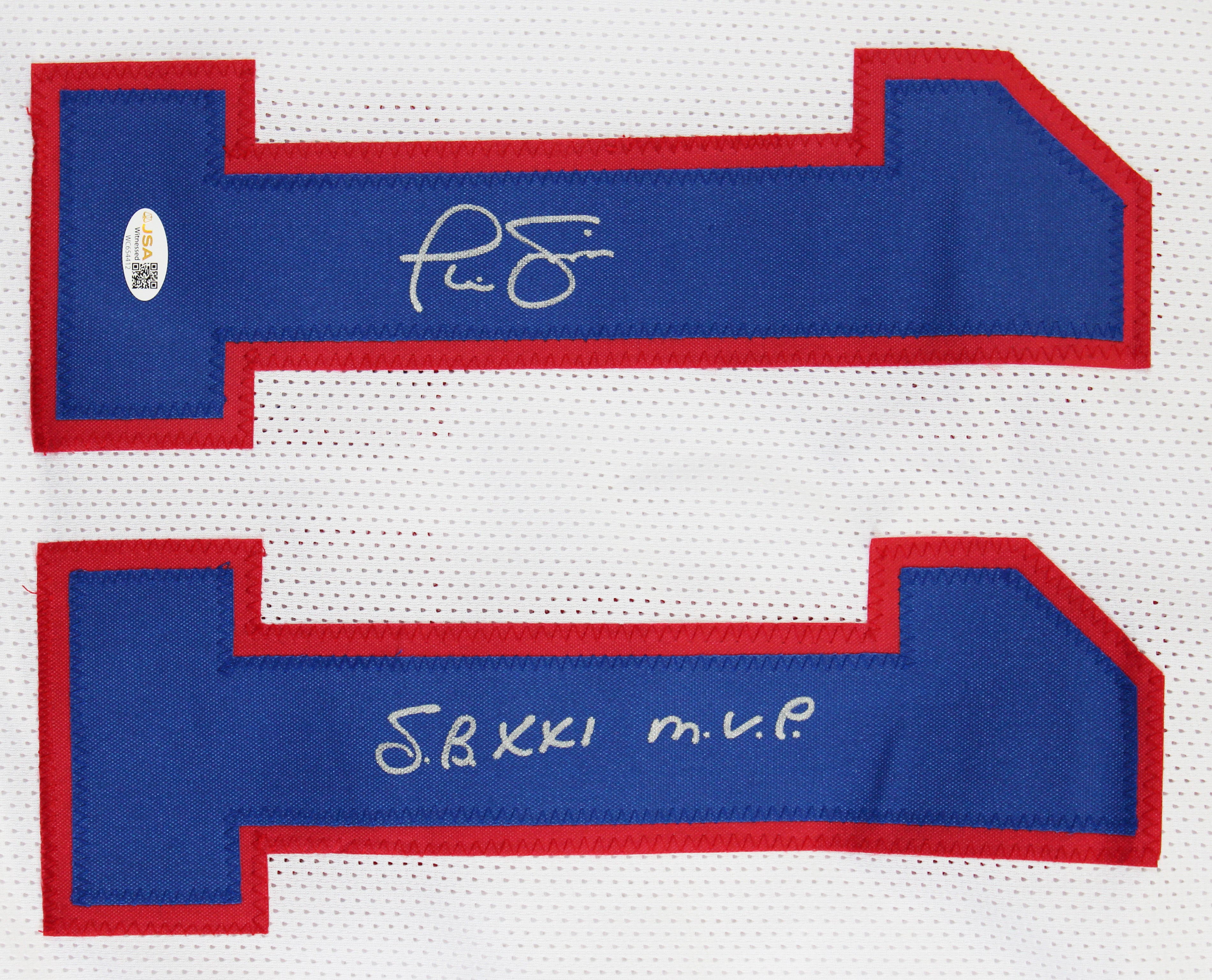 Phil Simms "SB XXI MVP" Signed Blue Pro Style Framed Jersey JSA Witness