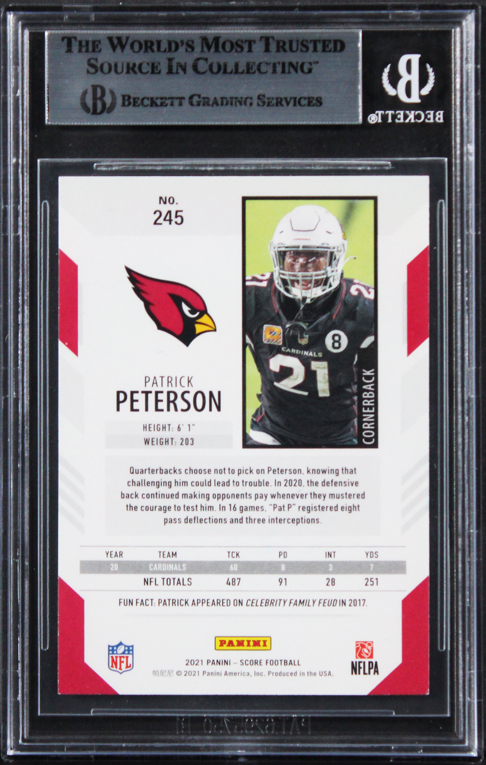 Cardinals Patrick Peterson Authentic Signed 2021 Score #245 Card BAS Slabbed