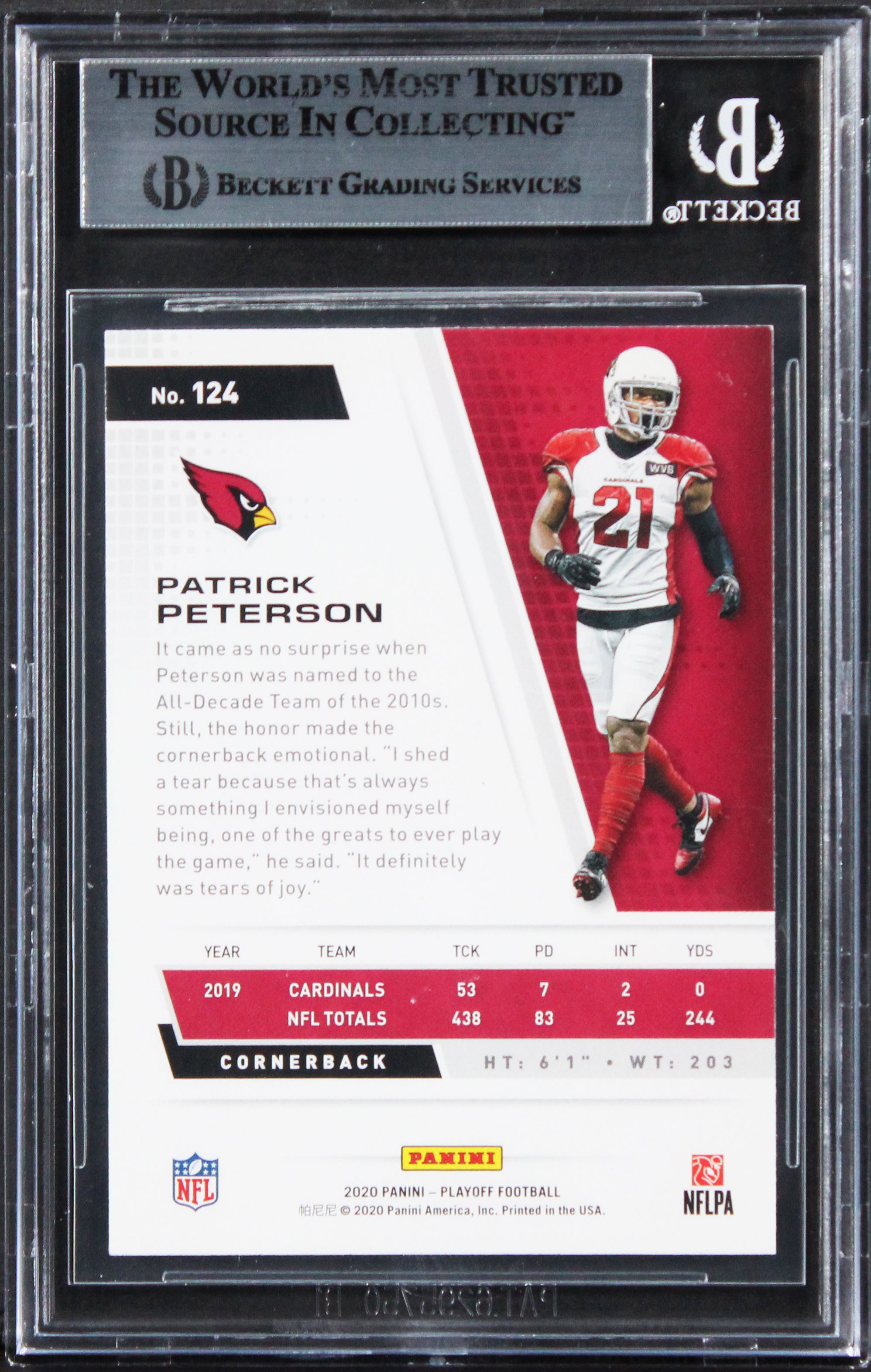 Cardinals Patrick Peterson Authentic Signed 2020 Playoff #124 Card BAS Slabbed