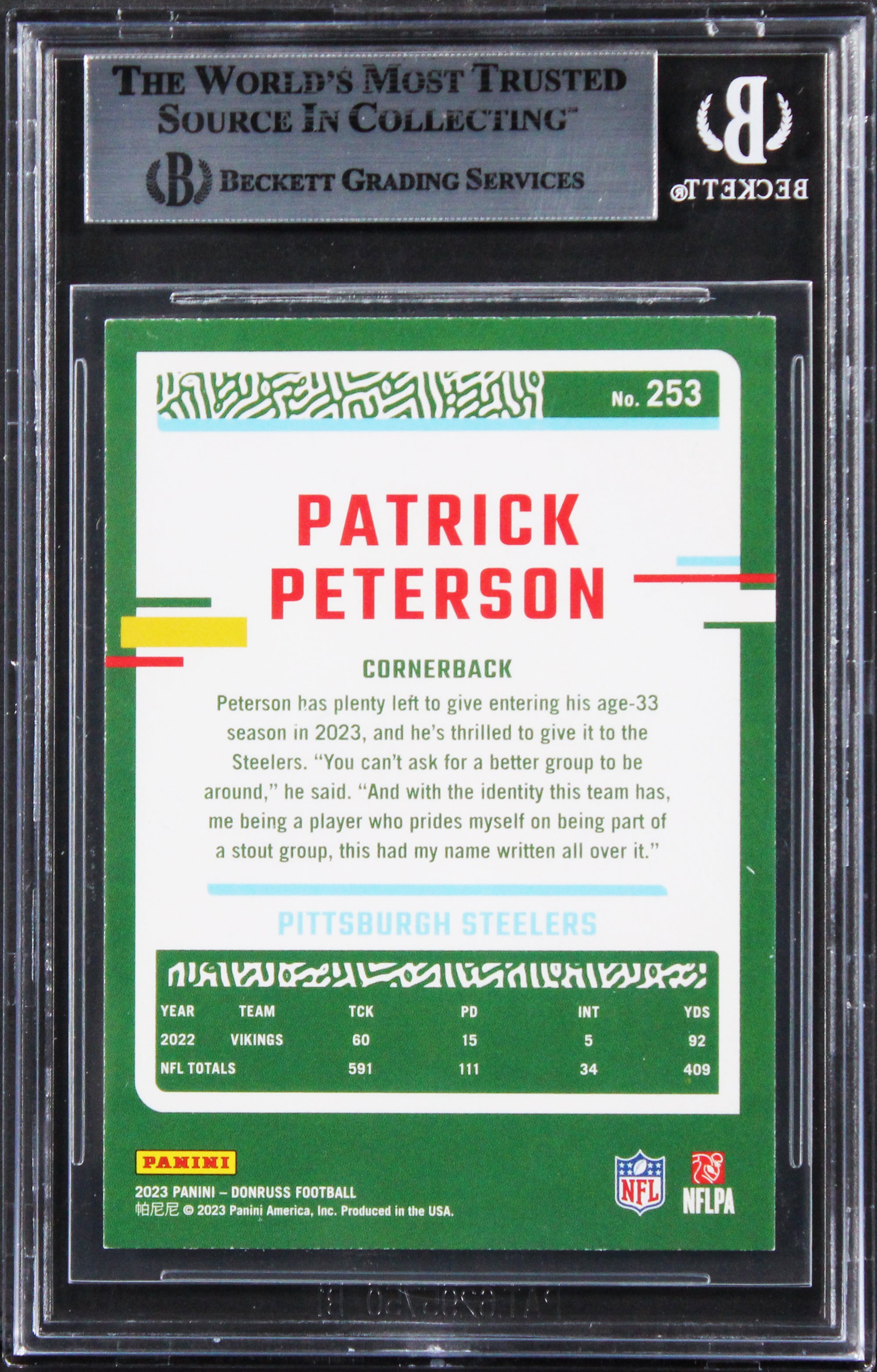 Steelers Patrick Peterson Authentic Signed 2023 Donruss #253 Card BAS Slabbed
