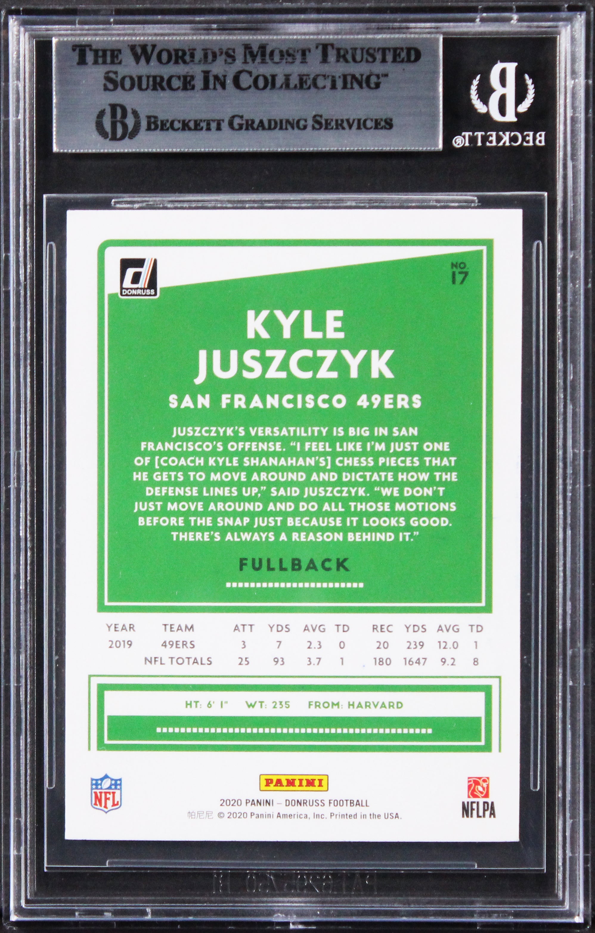 49ers Kyle Juszczyk Authentic Signed 2020 Donruss #17 Card BAS Slabbed 2