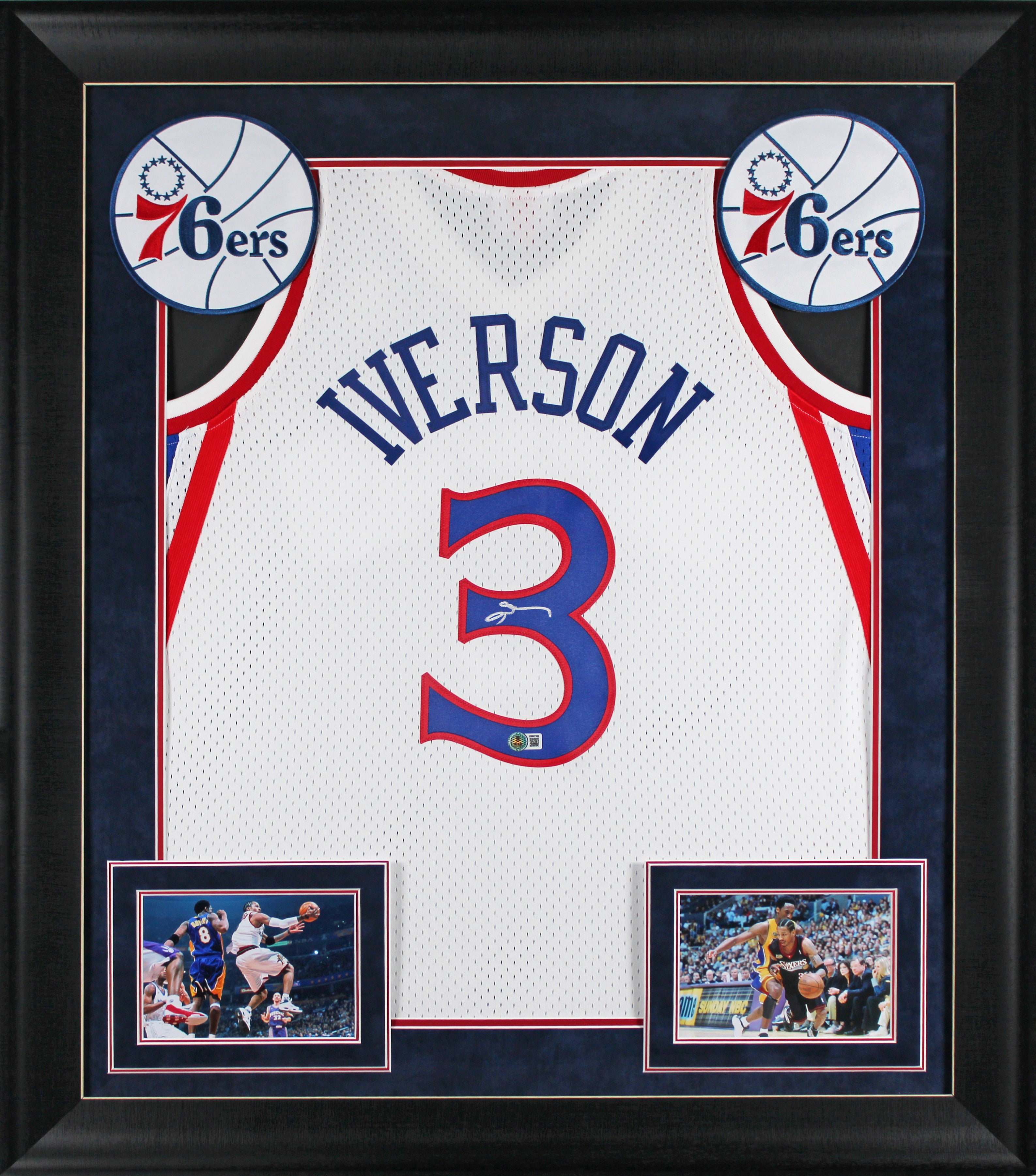 76ers Allen Iverson Signed White M&N HWC Authentic Framed Jersey BAS Witnessed