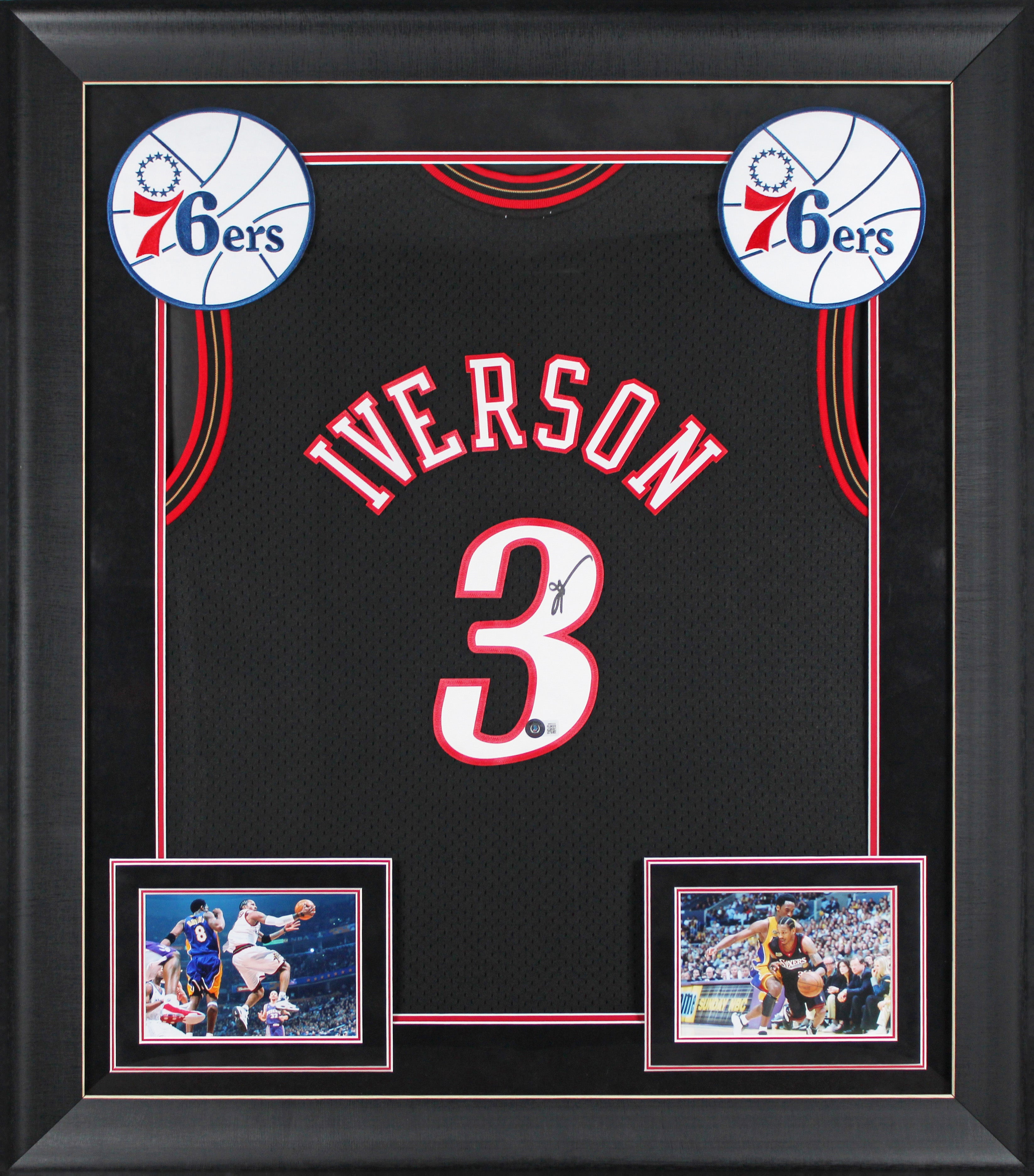 76ers Allen Iverson Signed Black M&N HWC Swingman Framed Jersey BAS Witnessed