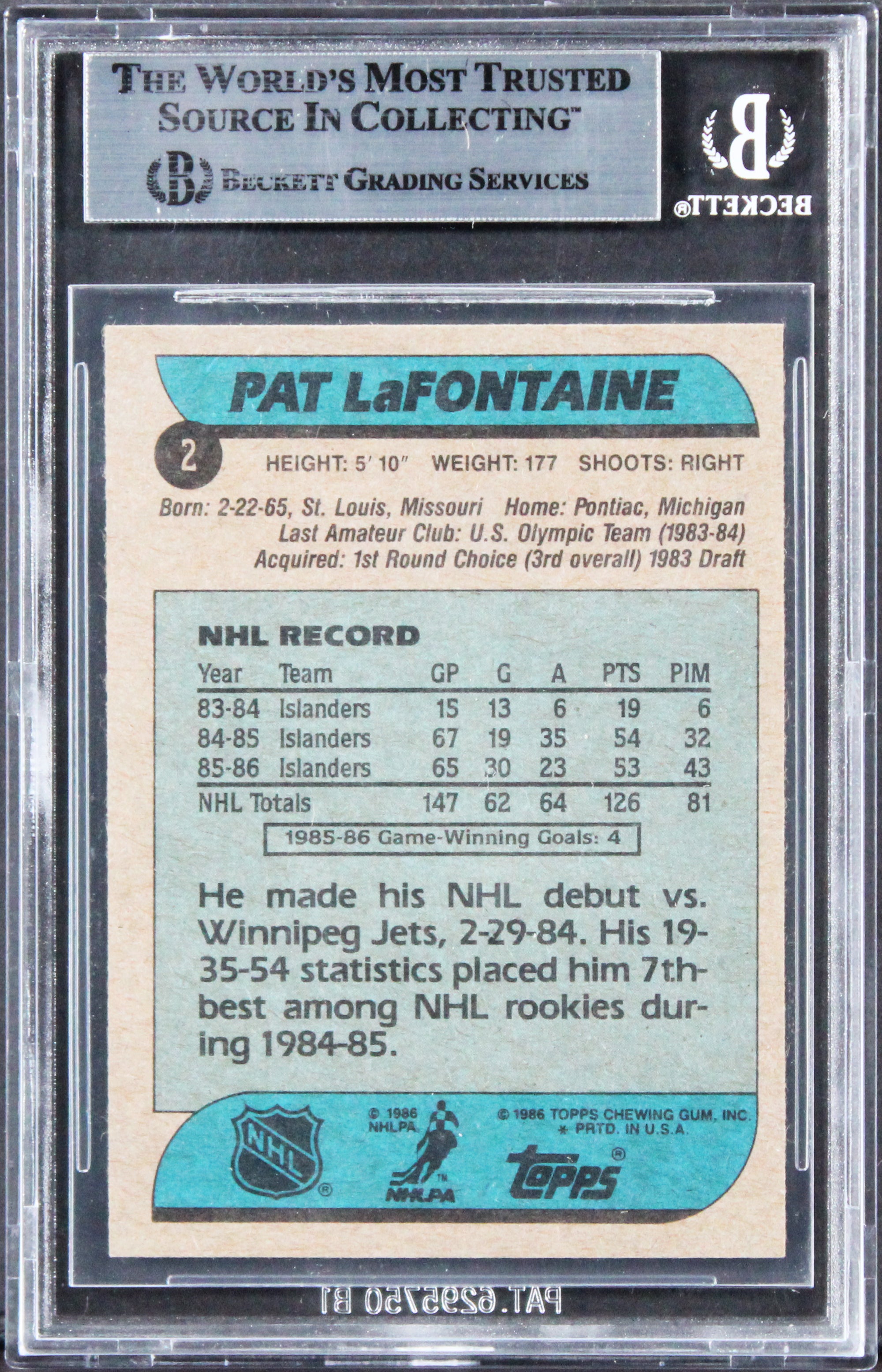 Islanders Pat LaFontaine Authentic Signed 1986 Topps #2 Card BAS Slabbed