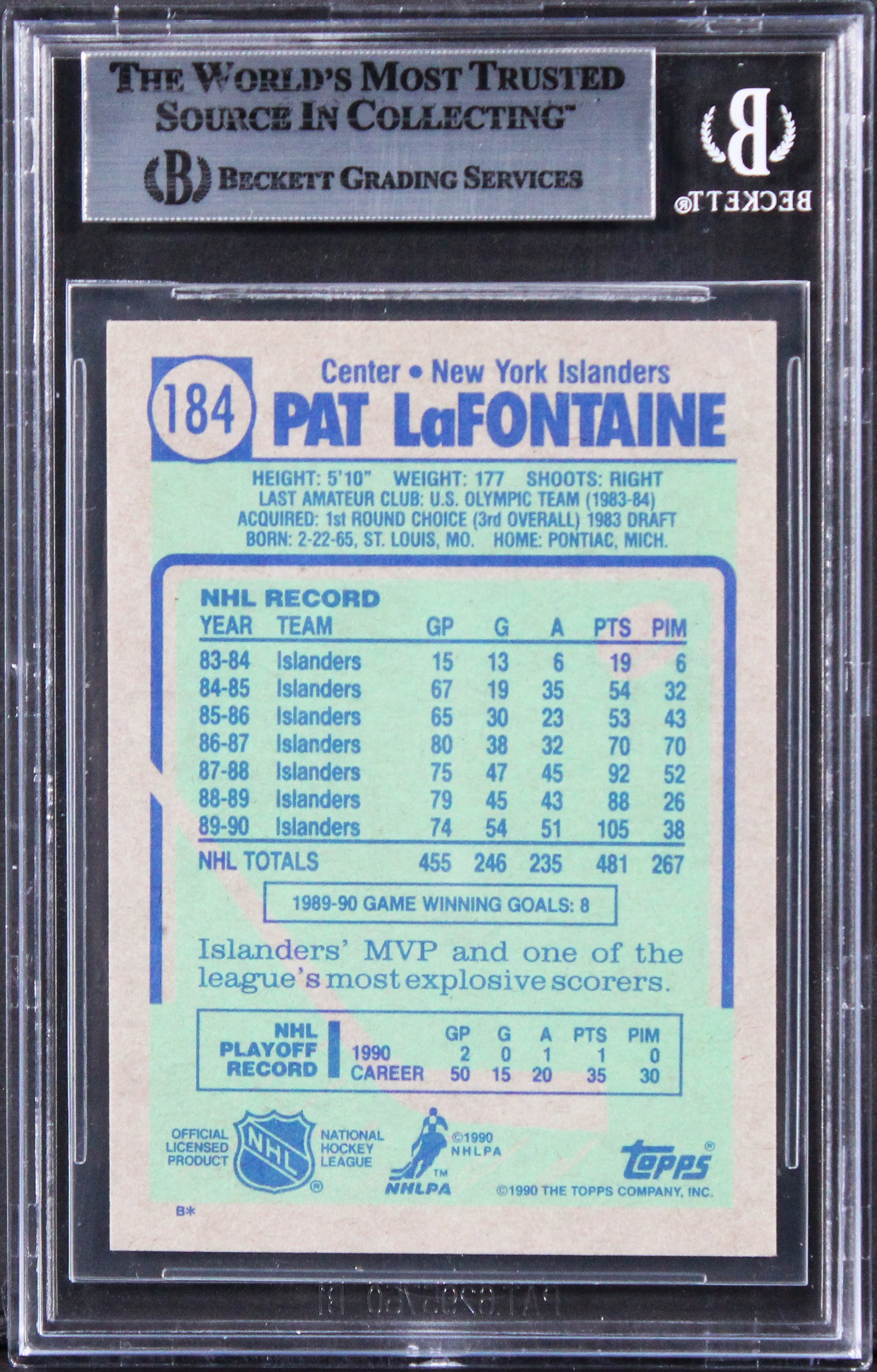 Islanders Pat LaFontaine Authentic Signed 1990 Topps #184 Card BAS Slabbed