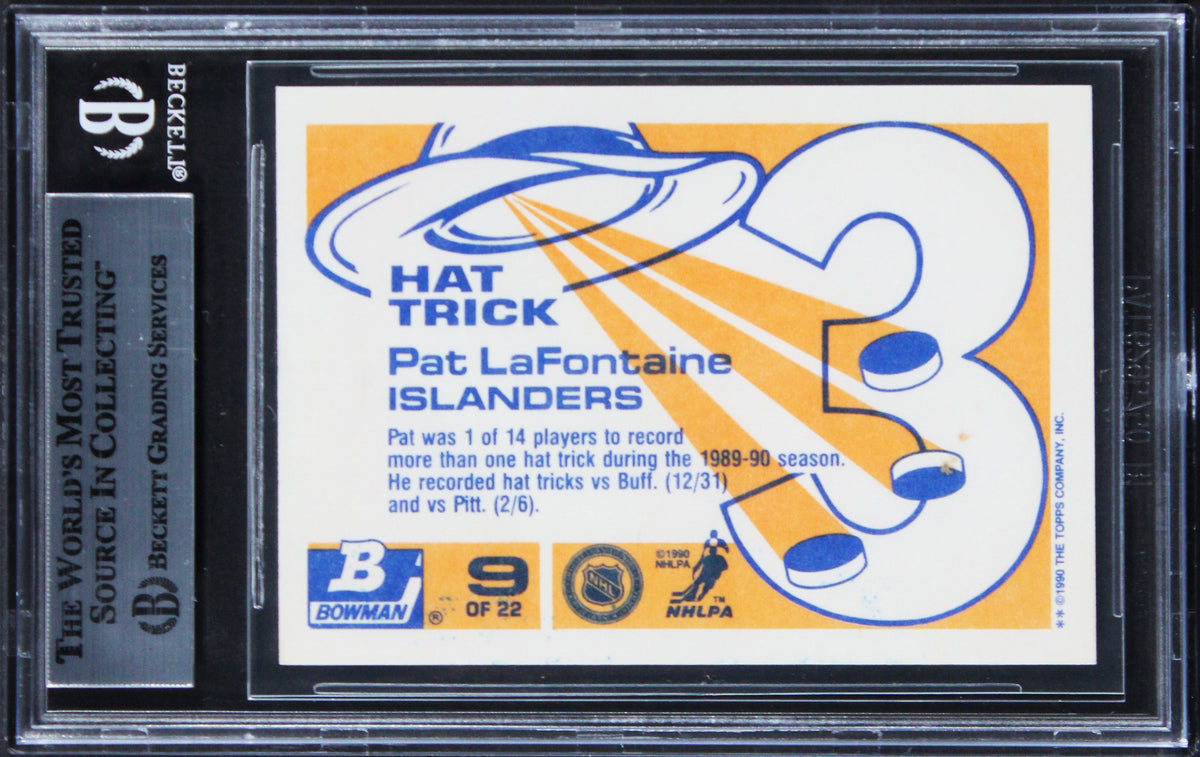 Islanders Pat LaFontaine Signed 1990 Bowman Tiffany Hat Tricks #9 Card BAS Slab