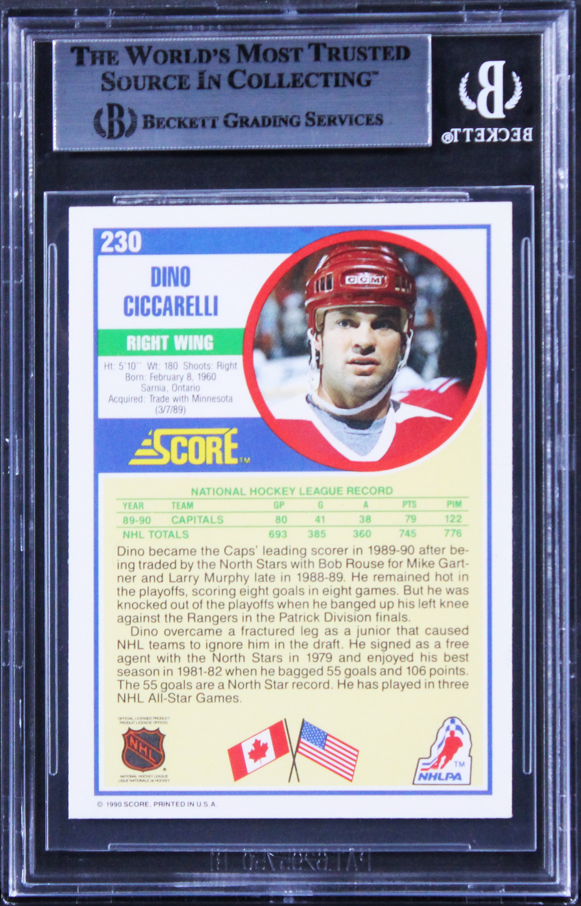 Capitals Dino Ciccarelli Authentic Signed 1990 Score #230 Card BAS Slabbed