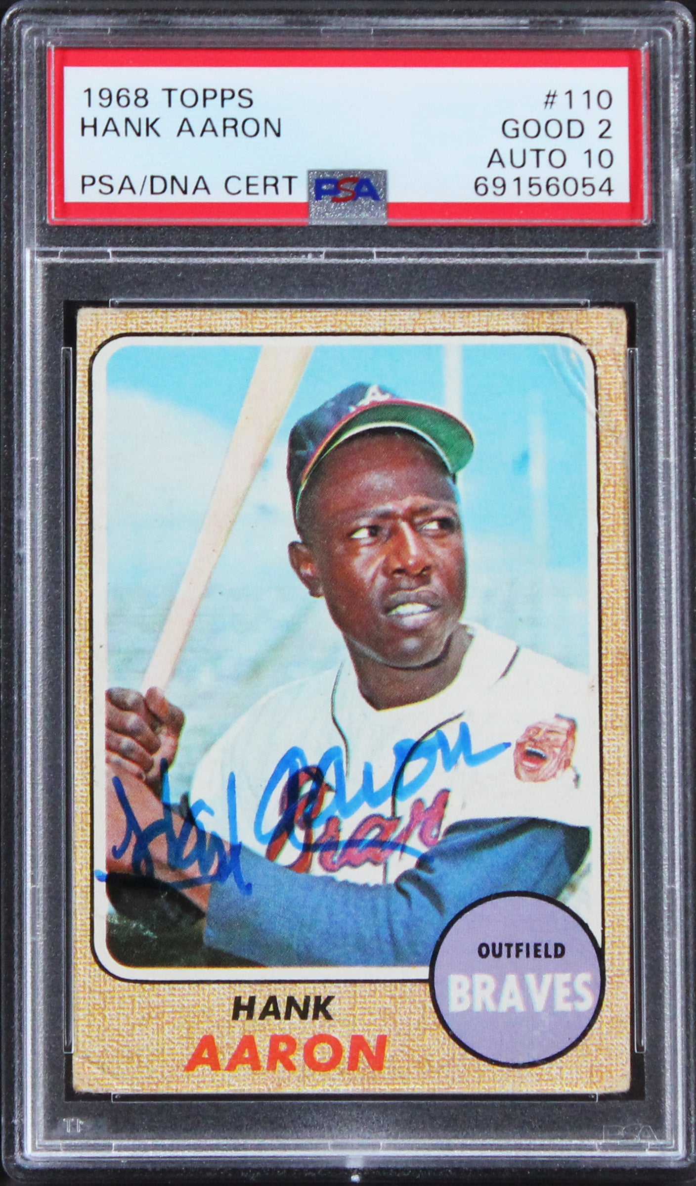 Braves Hank Aaron Signed 1968 Topps #110 Card Graded Good 2 Auto 10! PSA Slabbed