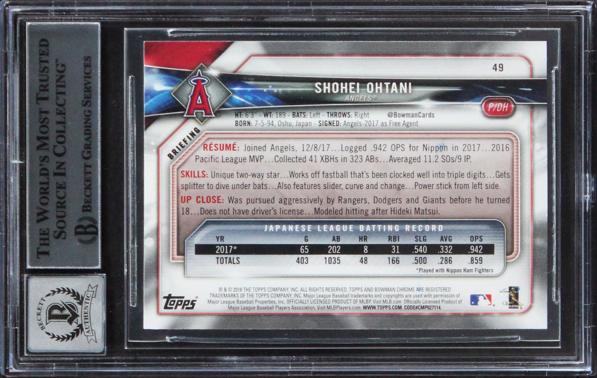 Angels Shohei Ohtani Signed 2018 Bowman #49 Rookie Card Auto 10! BAS Slabbed