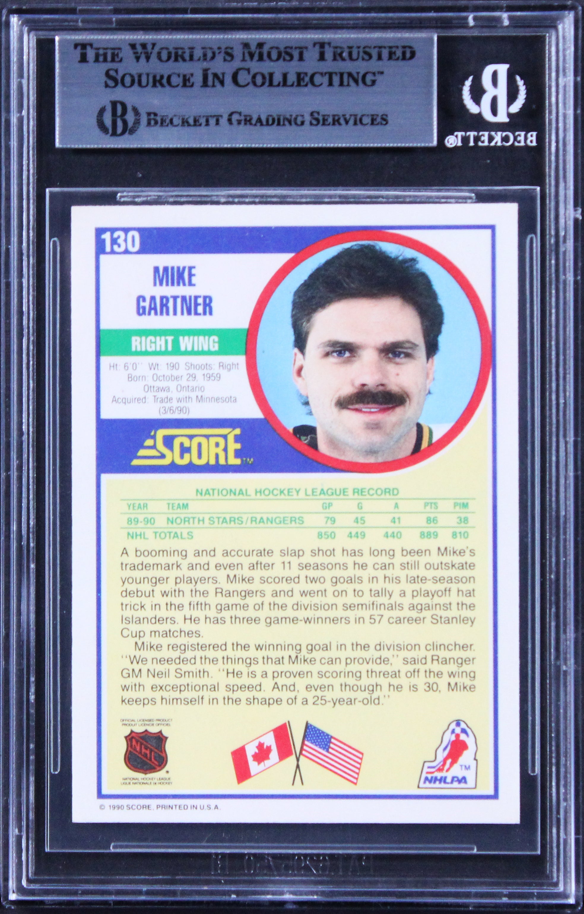 Rangers Mike Gartner Authentic Signed 1990 Score Canadian #130 Card BAS Slabbed