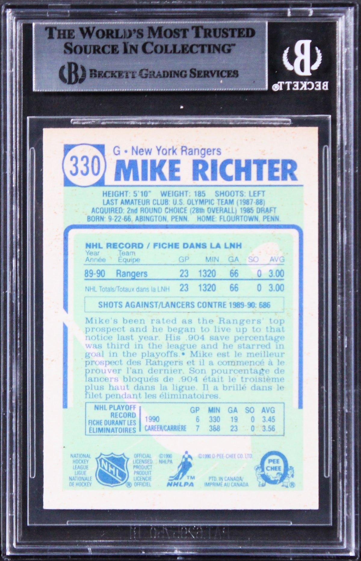 Rangers Mike Richter Authentic Signed 1990 Topps #330 Card BAS Slabbed