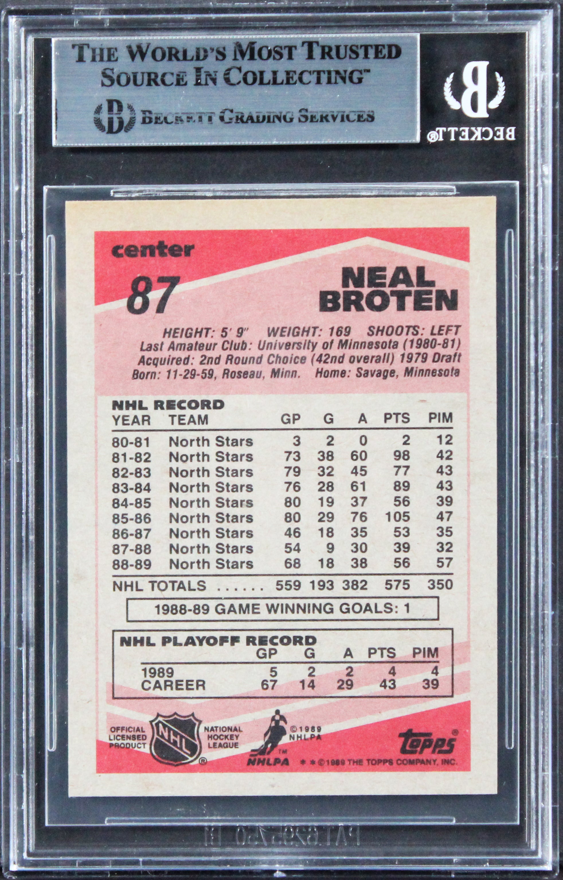 North Stars Neal Broten Authentic Signed 1990 Pro Set #398 Card BAS Slabbed
