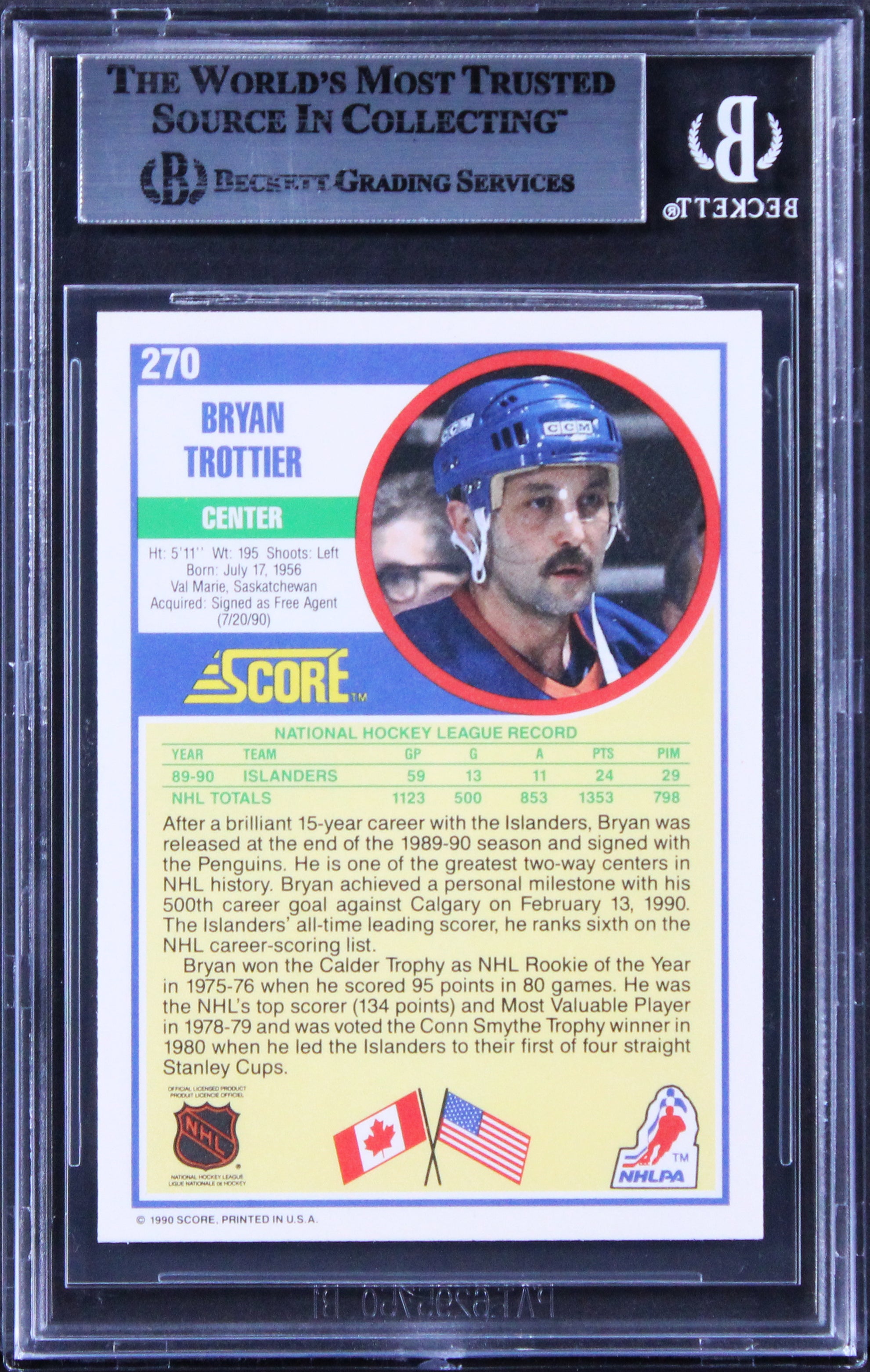 Islanders Bryan Trottier Authentic Signed 1990 Score #270 Card BAS Slabbed