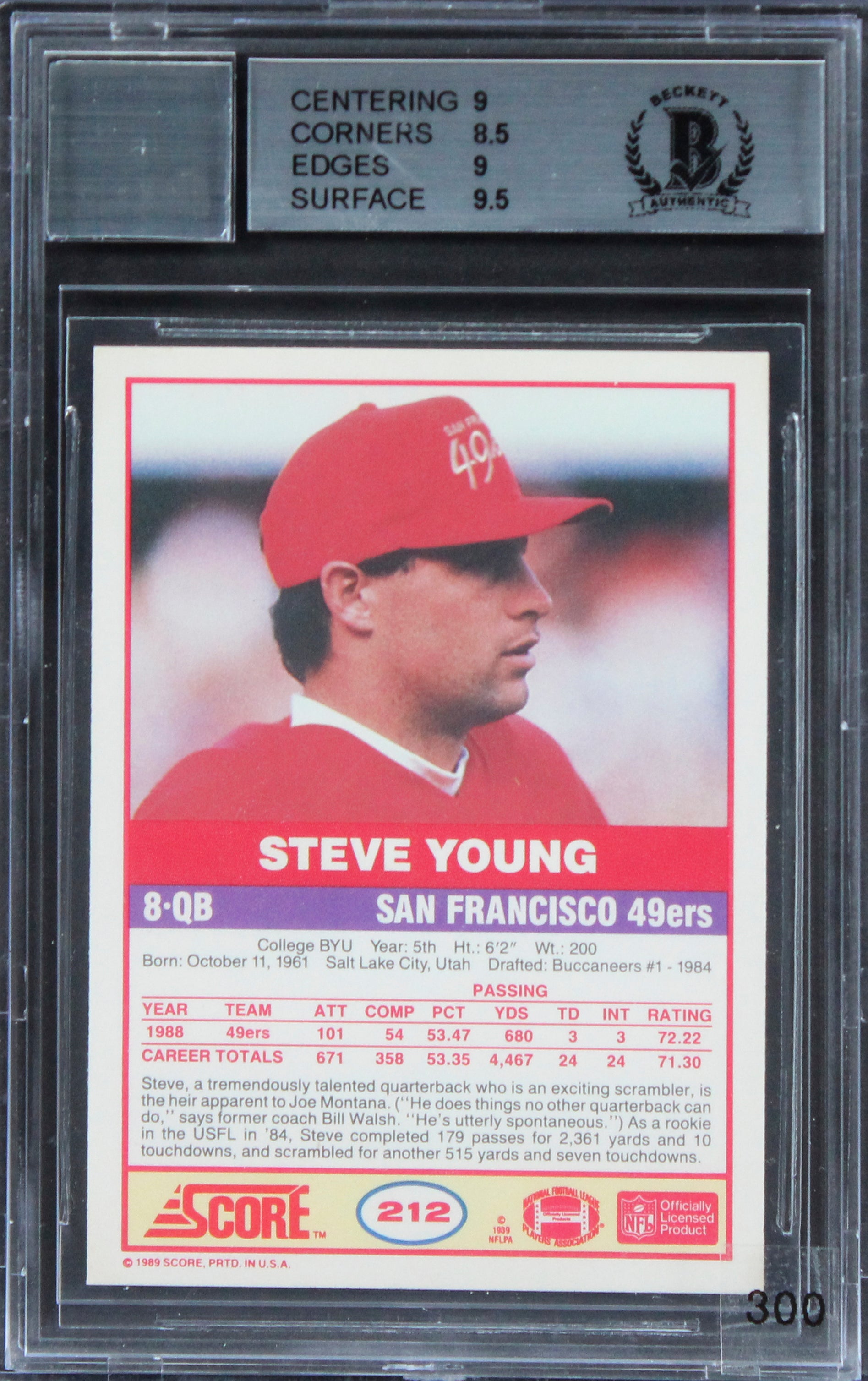 49ers Steve Young Authentic Signed 1989 Score #212 Card 9 Auto 10 BAS Slabbed