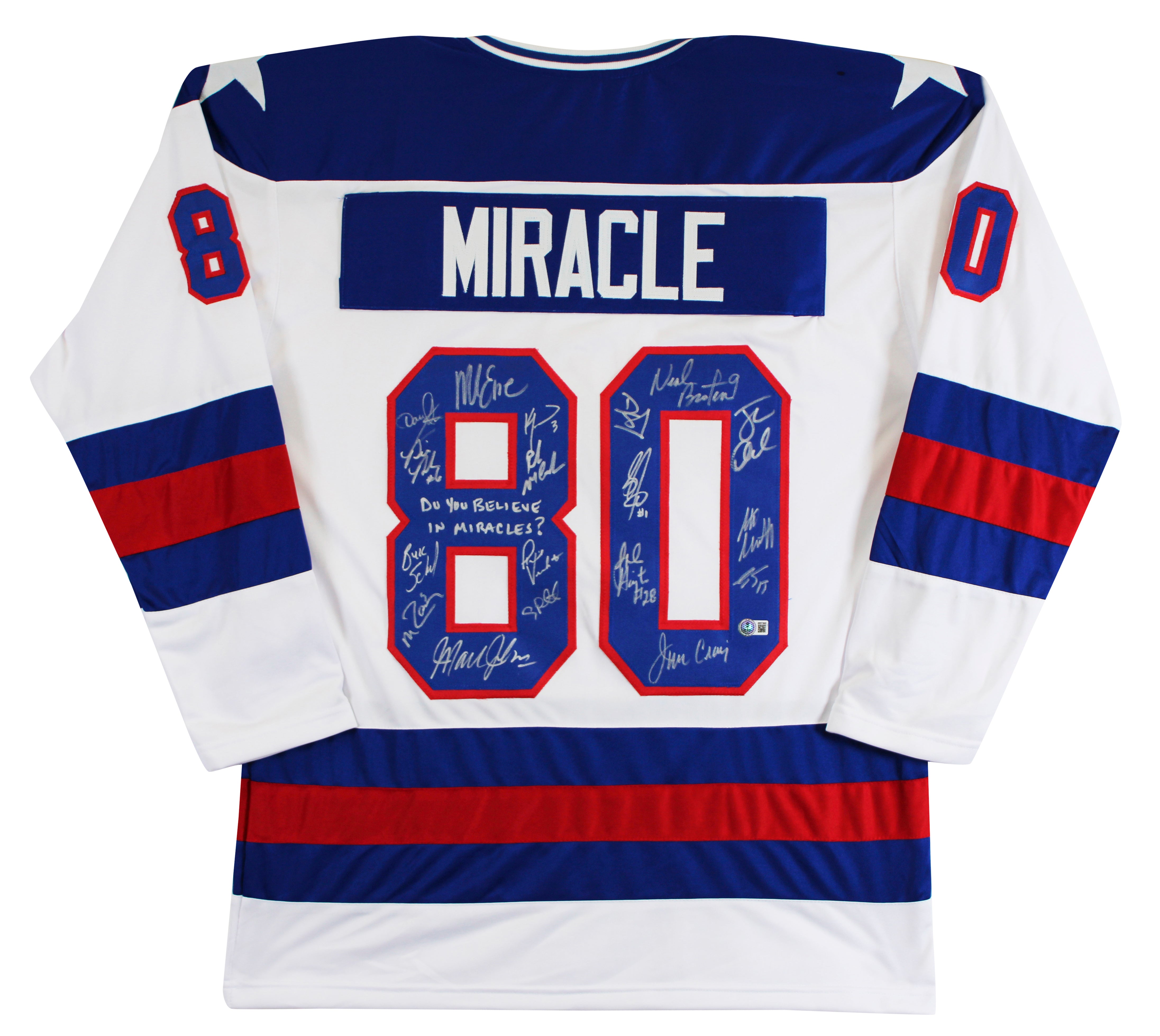 1980 USA Hockey 18 Autos Craig, Eruzione, Broten Signed White Jersey BAS Witness