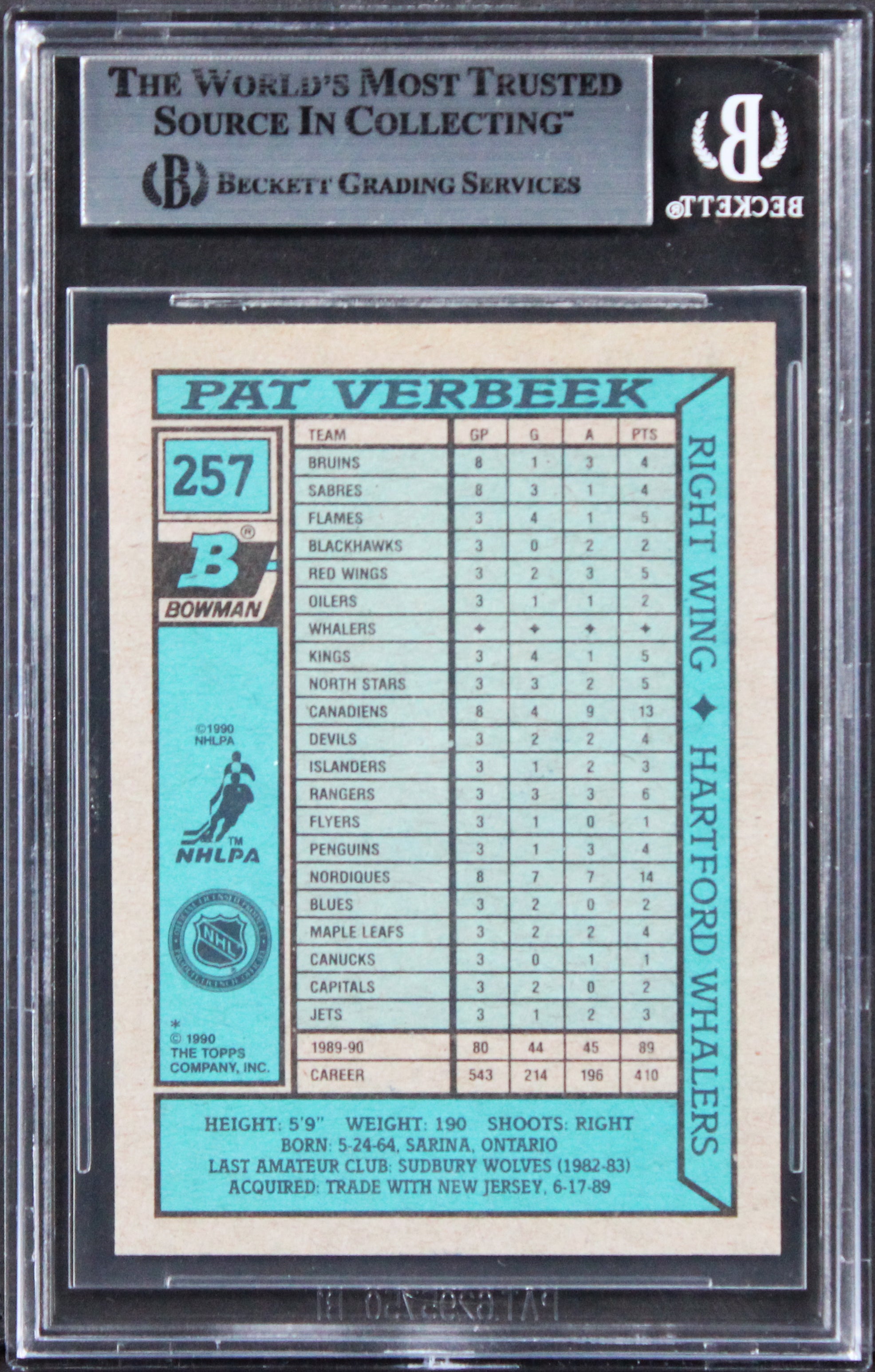 Whalers Pat Verbeek Authentic Signed 1990 Bowman #257 Card BAS Slabbed