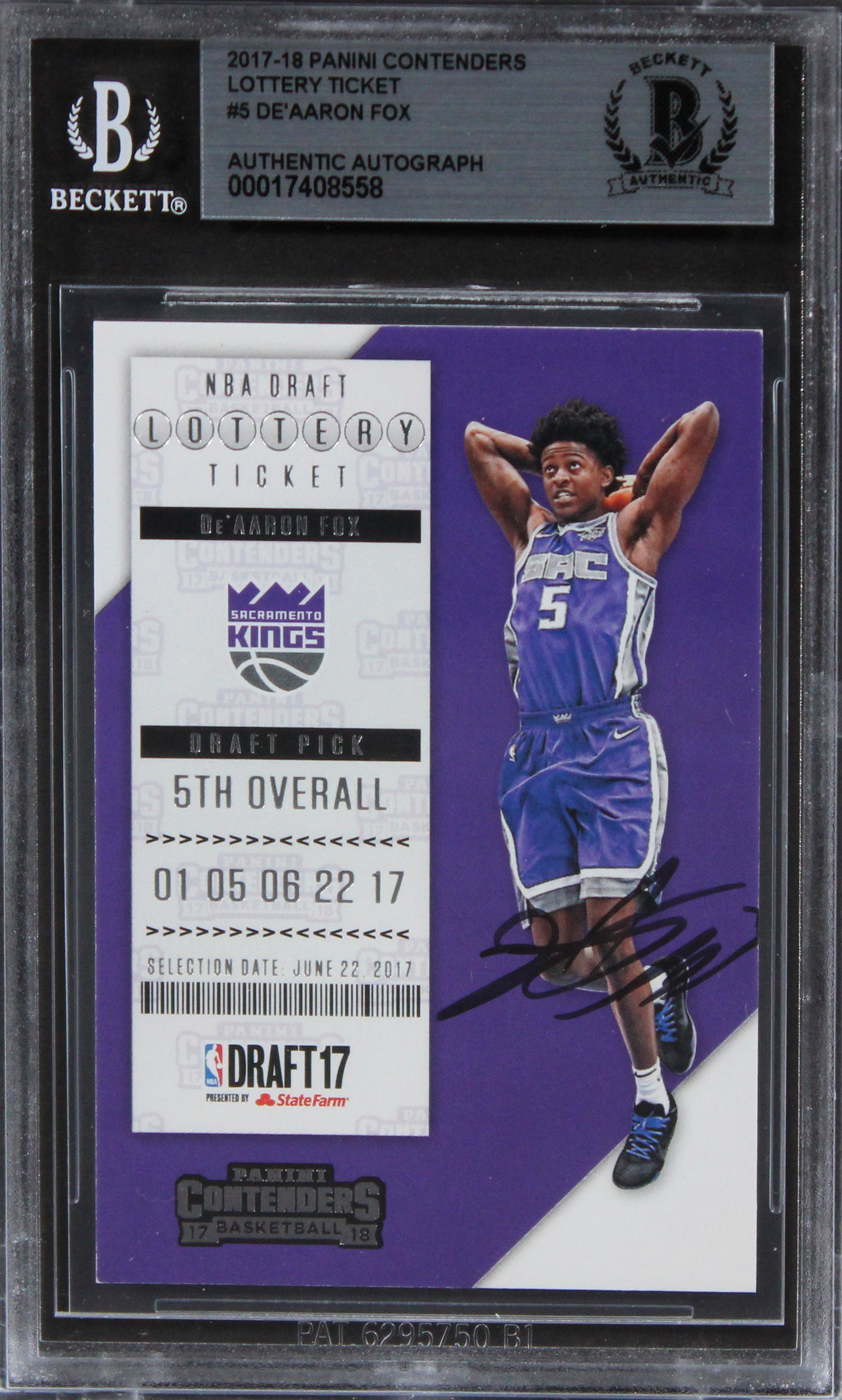Kings De'Aaron Fox Signed 2017 Panini Contenders Lottery Ticket #5 Card BAS Slab