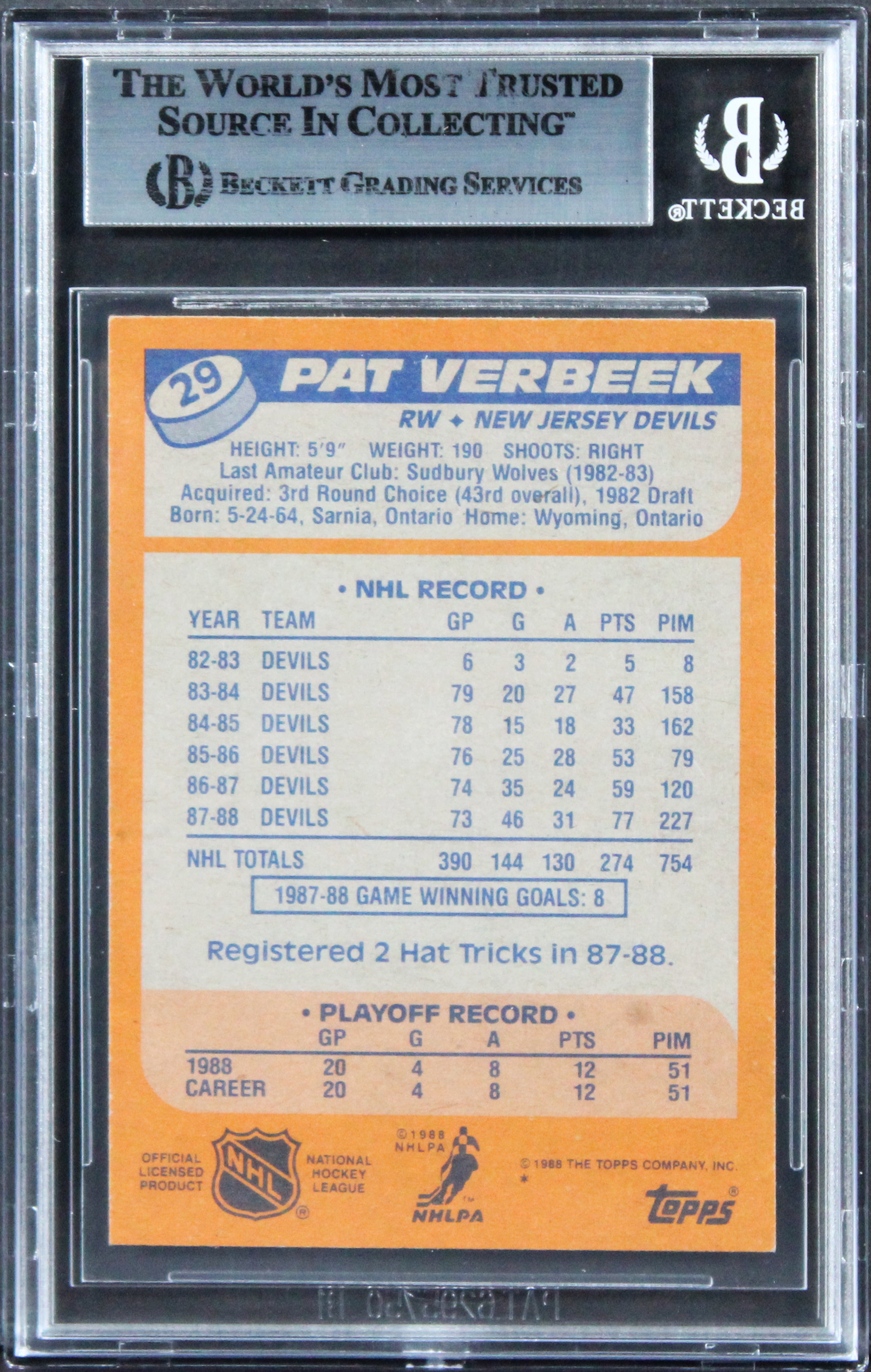 Devils Pat Verbeek Authentic Signed 1988 Topps #29 Card BAS Slabbed 2