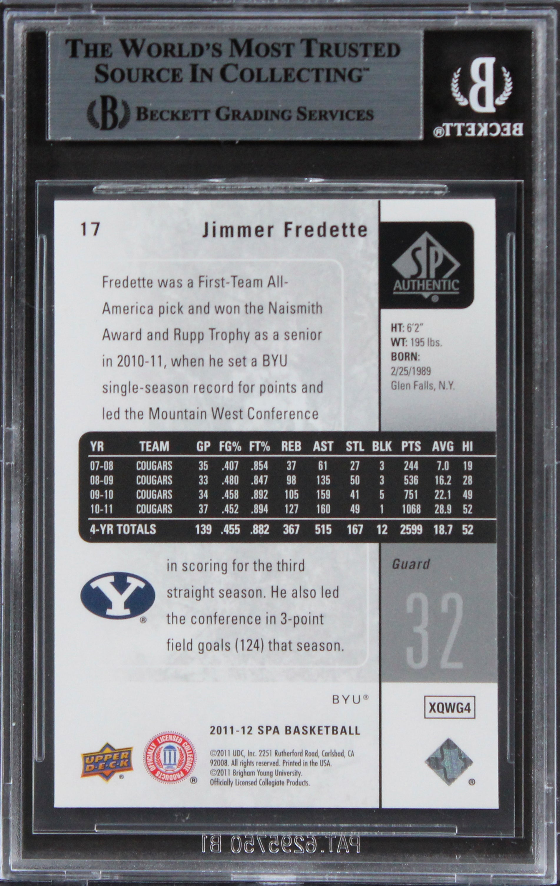 BYU Jimmer Fredette Authentic Signed 2011 SP Authentic #17 Card BAS Slabbed