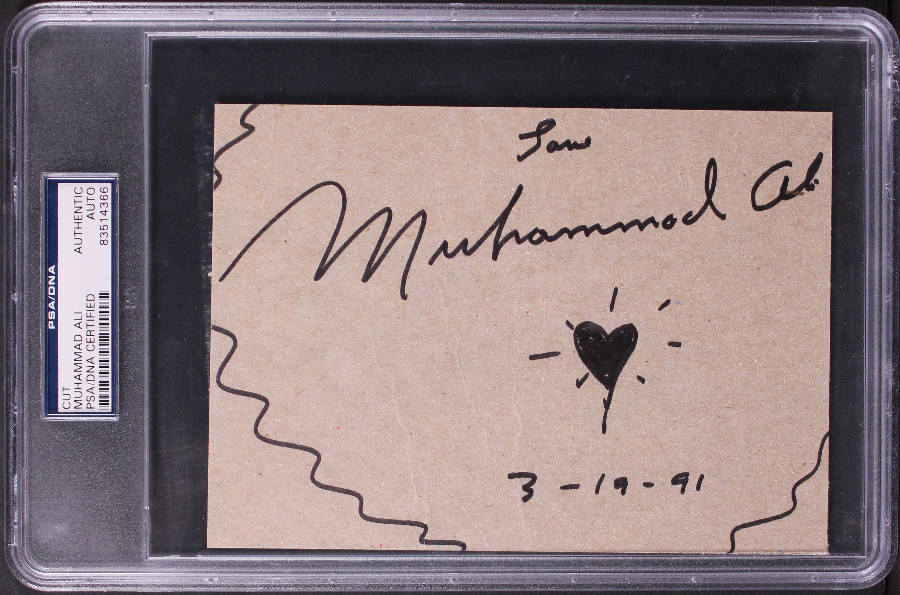 Muhammad Ali "3-19-91" w/ Heart Sketch Signed 5x7 Cut Signature PSA/DNA Slabbed