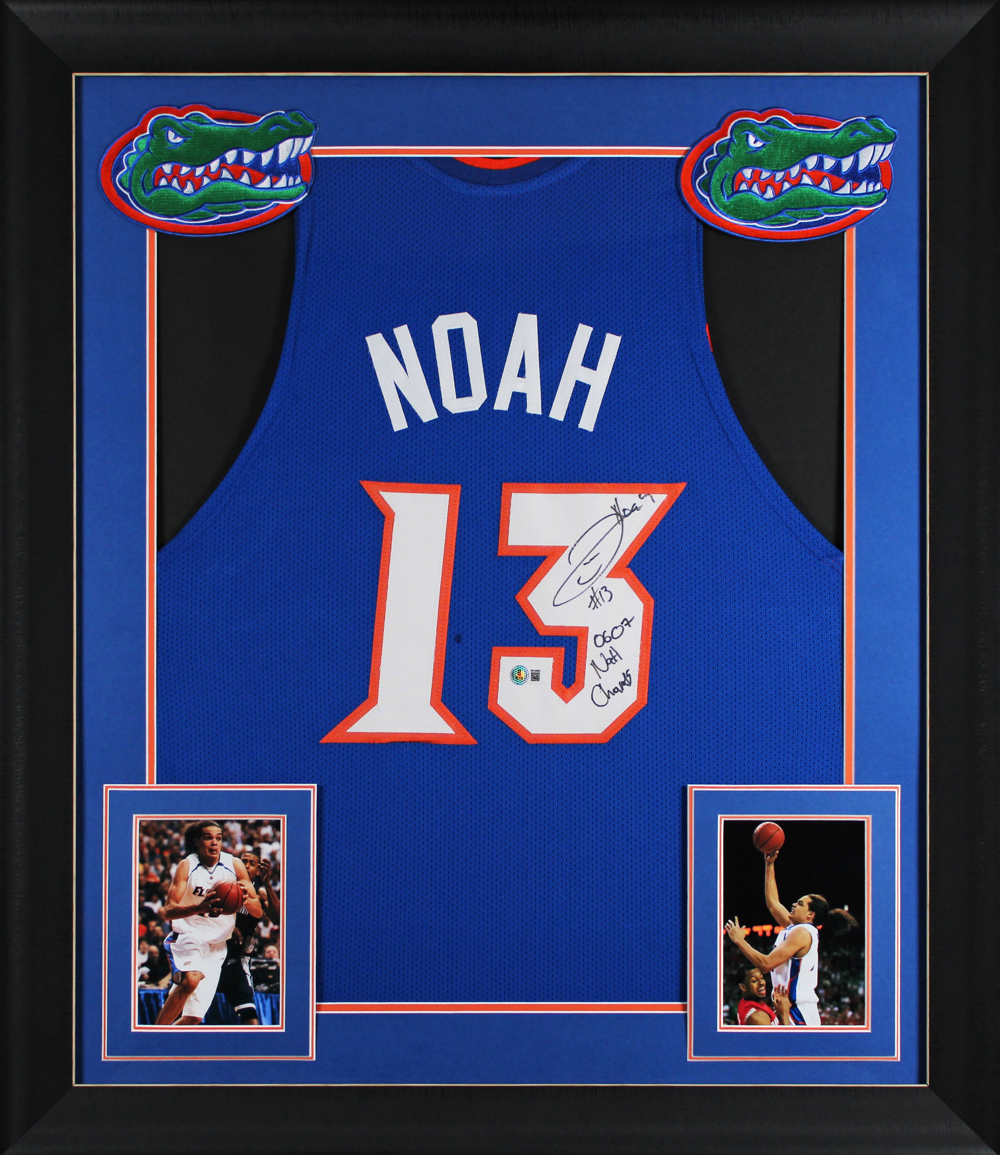 Joakim Noah "06 & 07 Nat'l Champs" Signed Blue Pro Style Framed Jersey BAS Wit