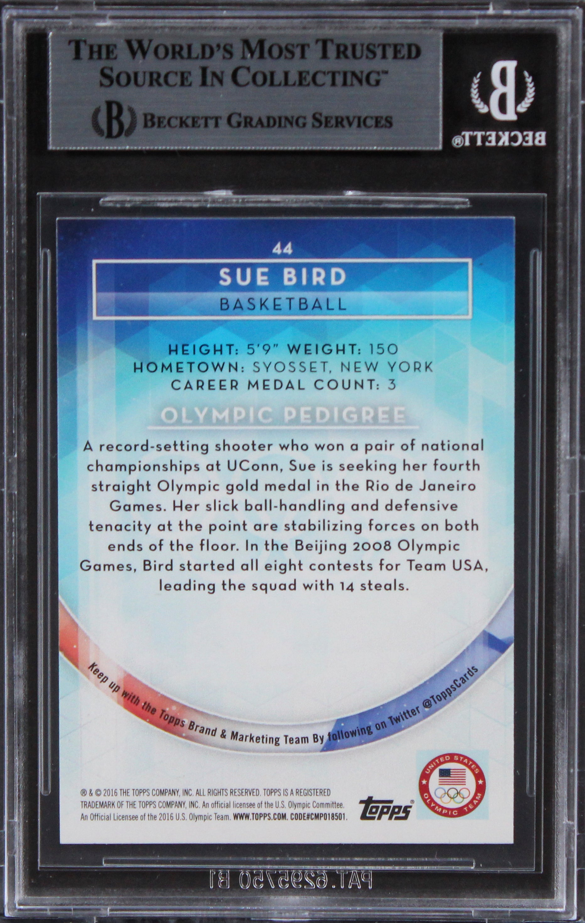 Sue Bird Authentic Signed 2016 Topps U.S. Olympic Team #44 Card BAS Slabbed