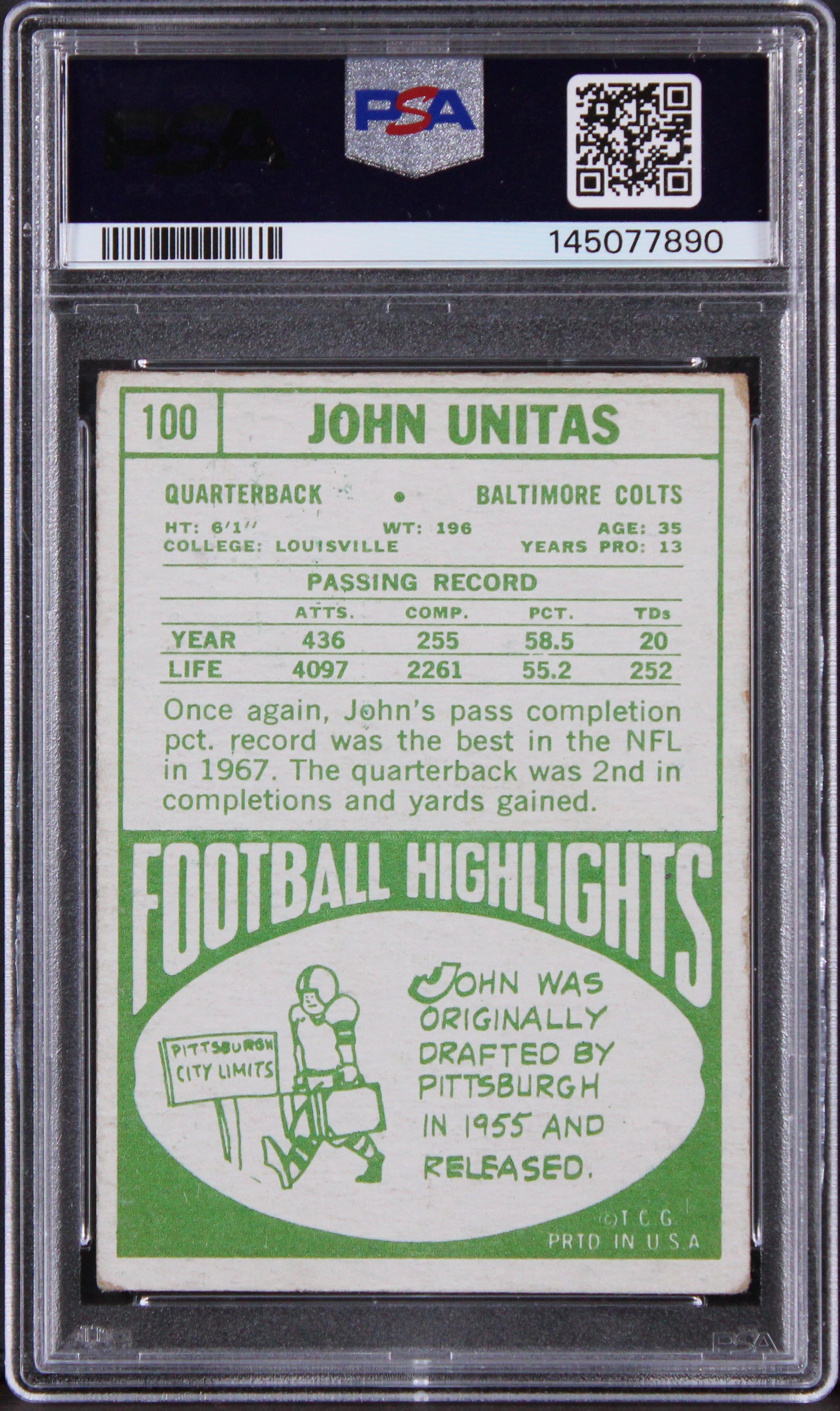 Colts Johnny Unitas Authentic Signed 1968 Topps #100 Card PSA/DNA Slabbed