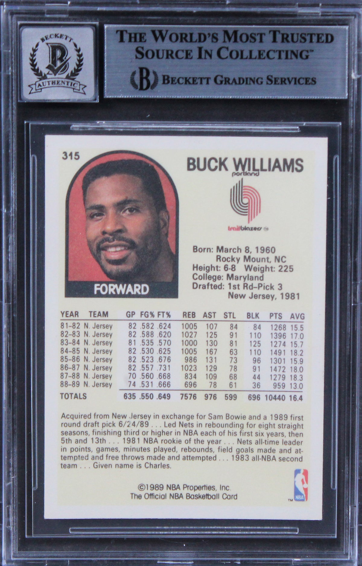 Blazers Buck Williams Authentic Signed 1989 Hoops #315 Card Auto 10 BAS Slabbed