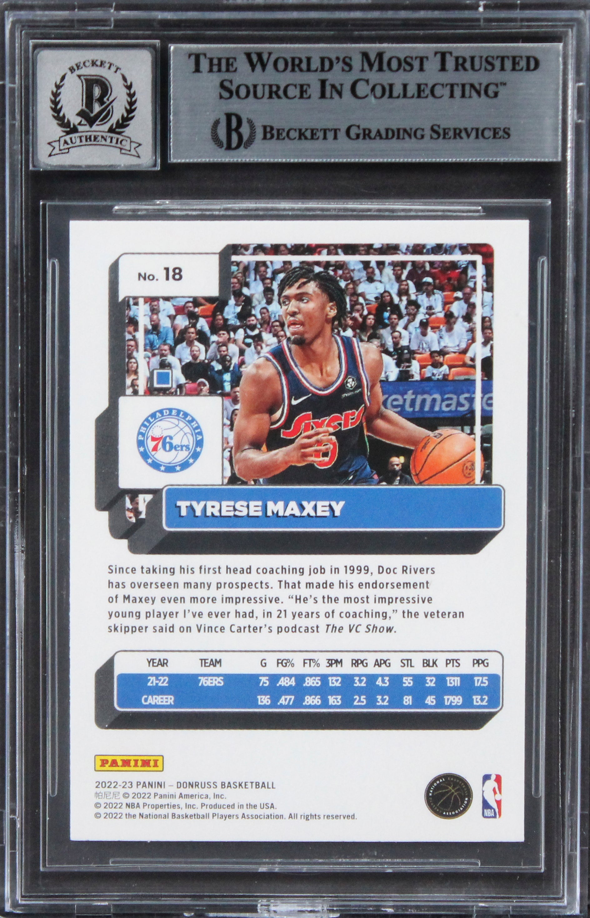 76ers Tyrese Maxey Authentic Signed 2022 Donruss #18 Card Auto 10! BAS Slabbed