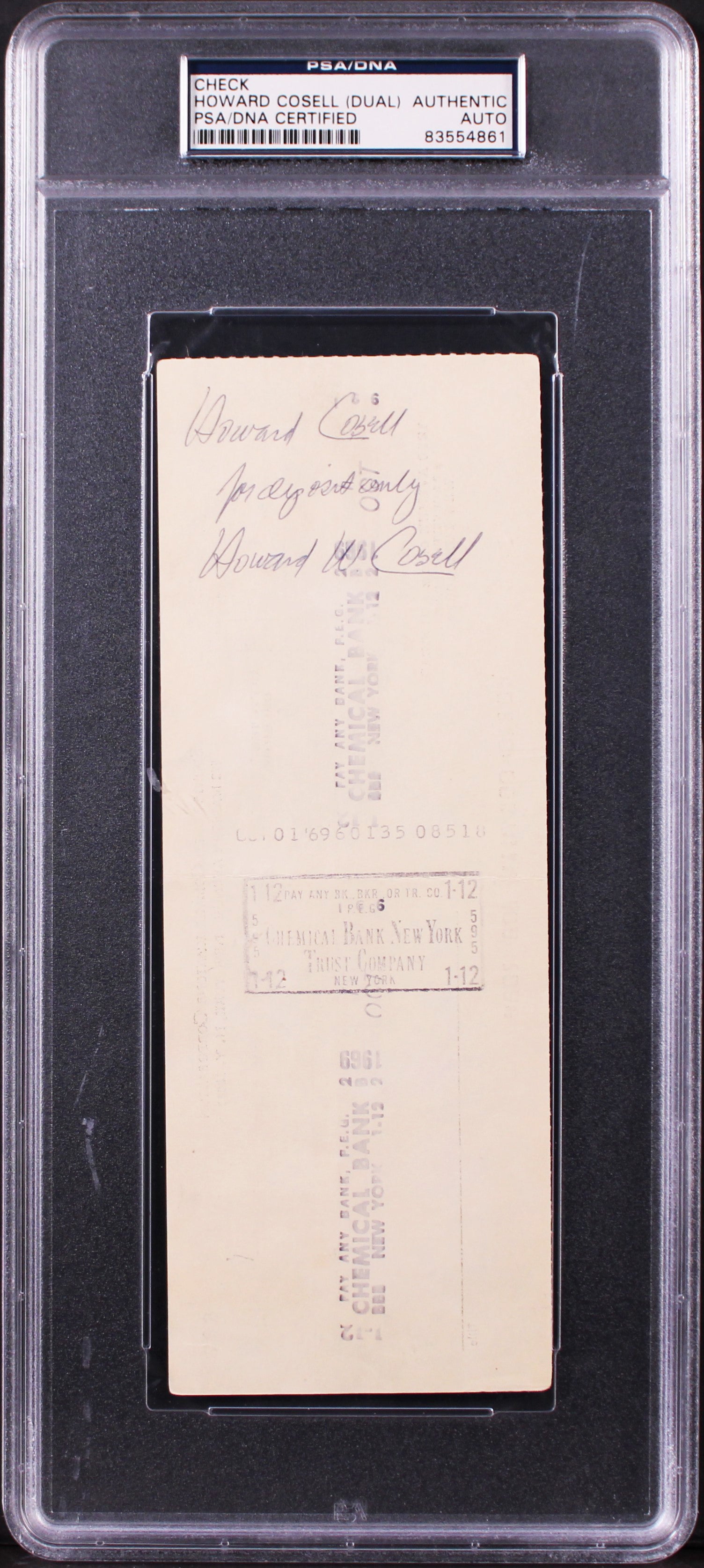 Howard Cosell Authentic Double Signed 3x8.25 Check Dated 9/30/1969 PSA Slabbed