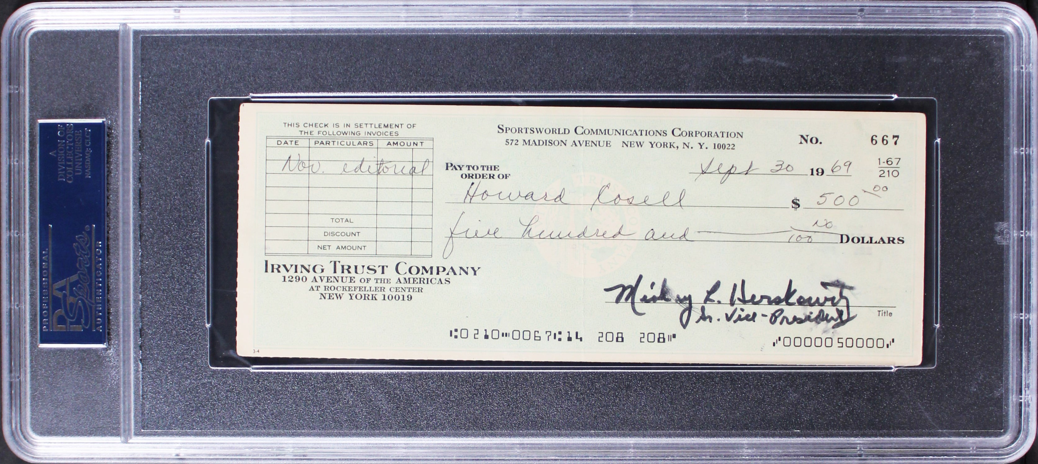 Howard Cosell Authentic Double Signed 3x8.25 Check Dated 9/30/1969 PSA Slabbed