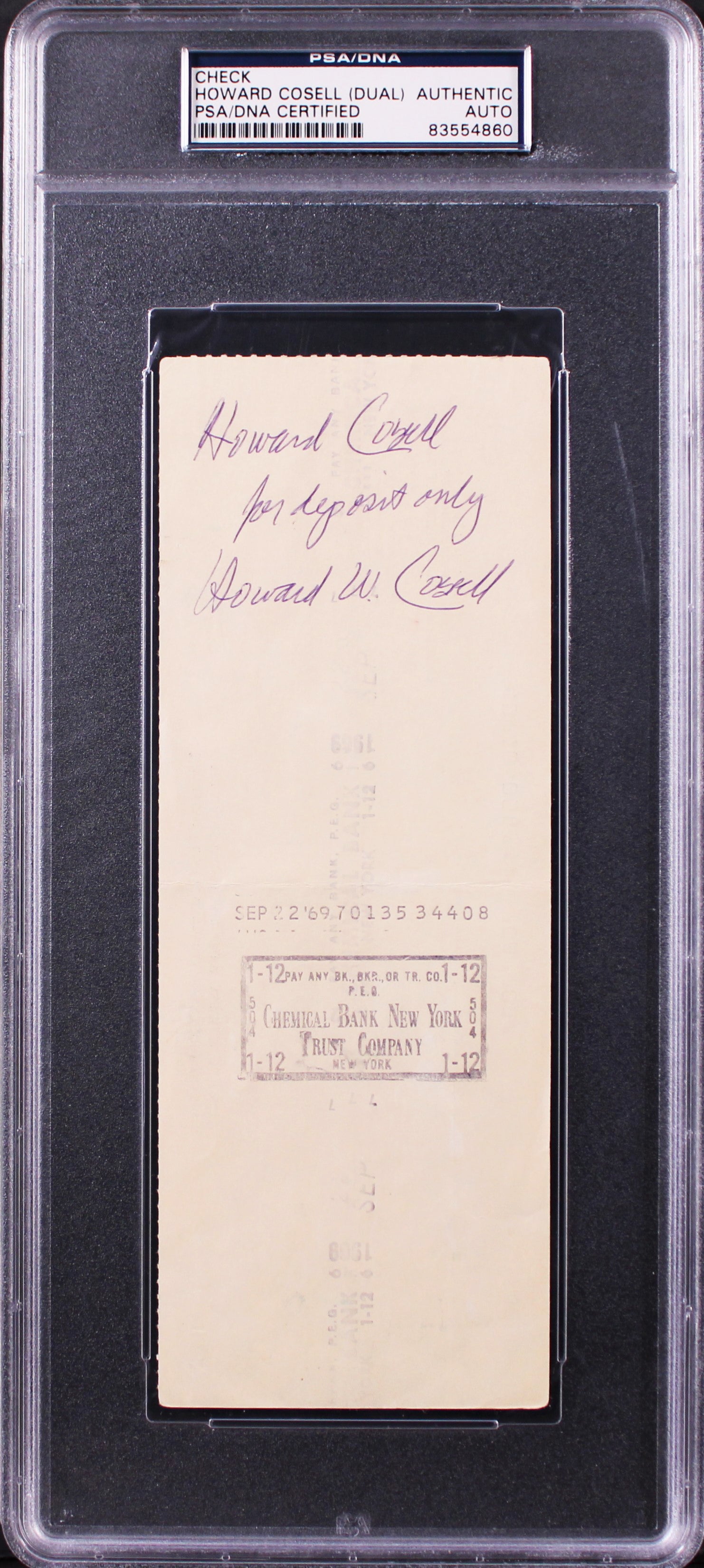 Howard Cosell Authentic Signed 3x8.25 Check Dated Sept 19, 1969 PSA/DNA Slabbed