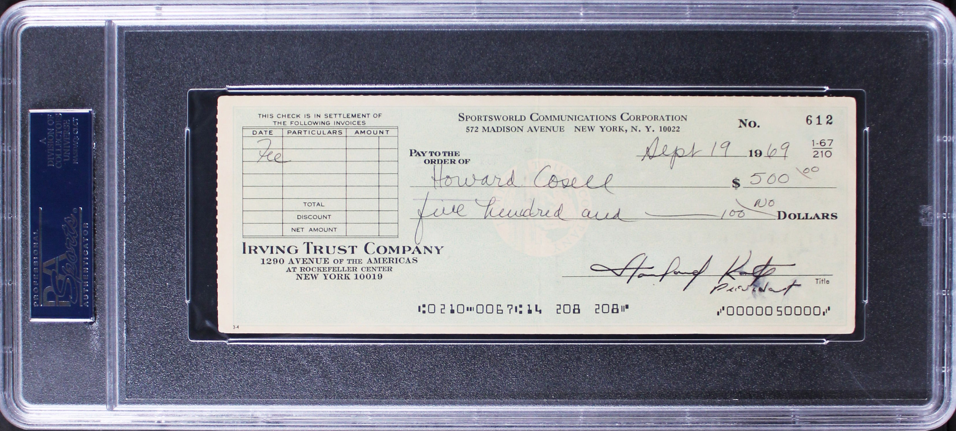 Howard Cosell Authentic Signed 3x8.25 Check Dated Sept 19, 1969 PSA/DNA Slabbed