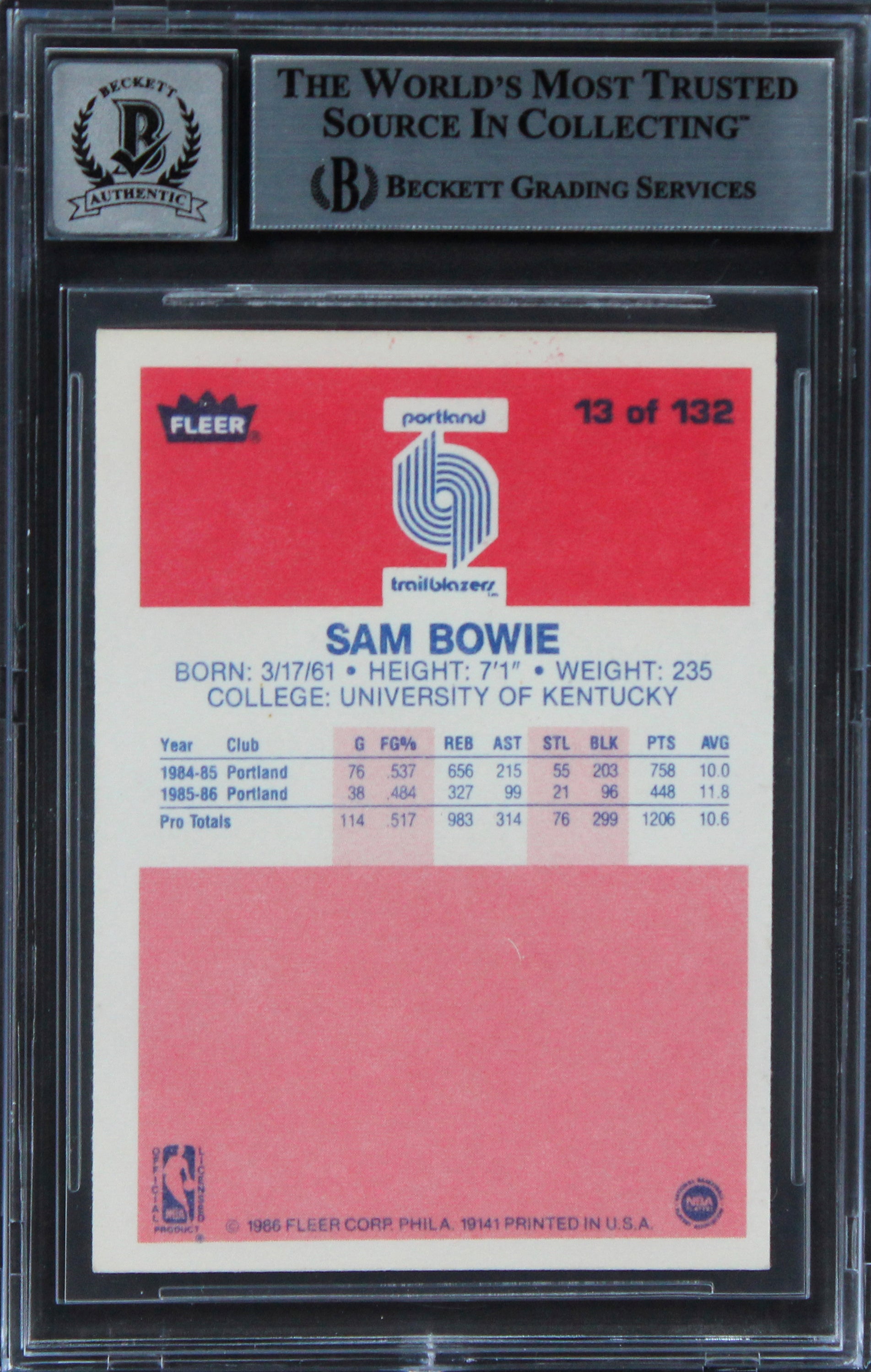 Blazers Sam Bowie Authentic Signed 1986 Fleer #13 Rookie Card Auto 10 BAS Slab